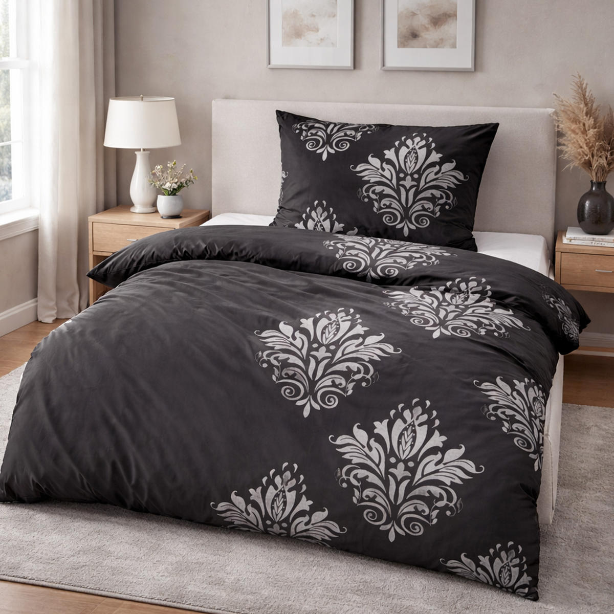 BETTWÄSCHE Feinbiber Herbst/Winter 135/200 cm Schwarz (Ornament) - Schwarz, Textil (135/200cm) - Bestlivings