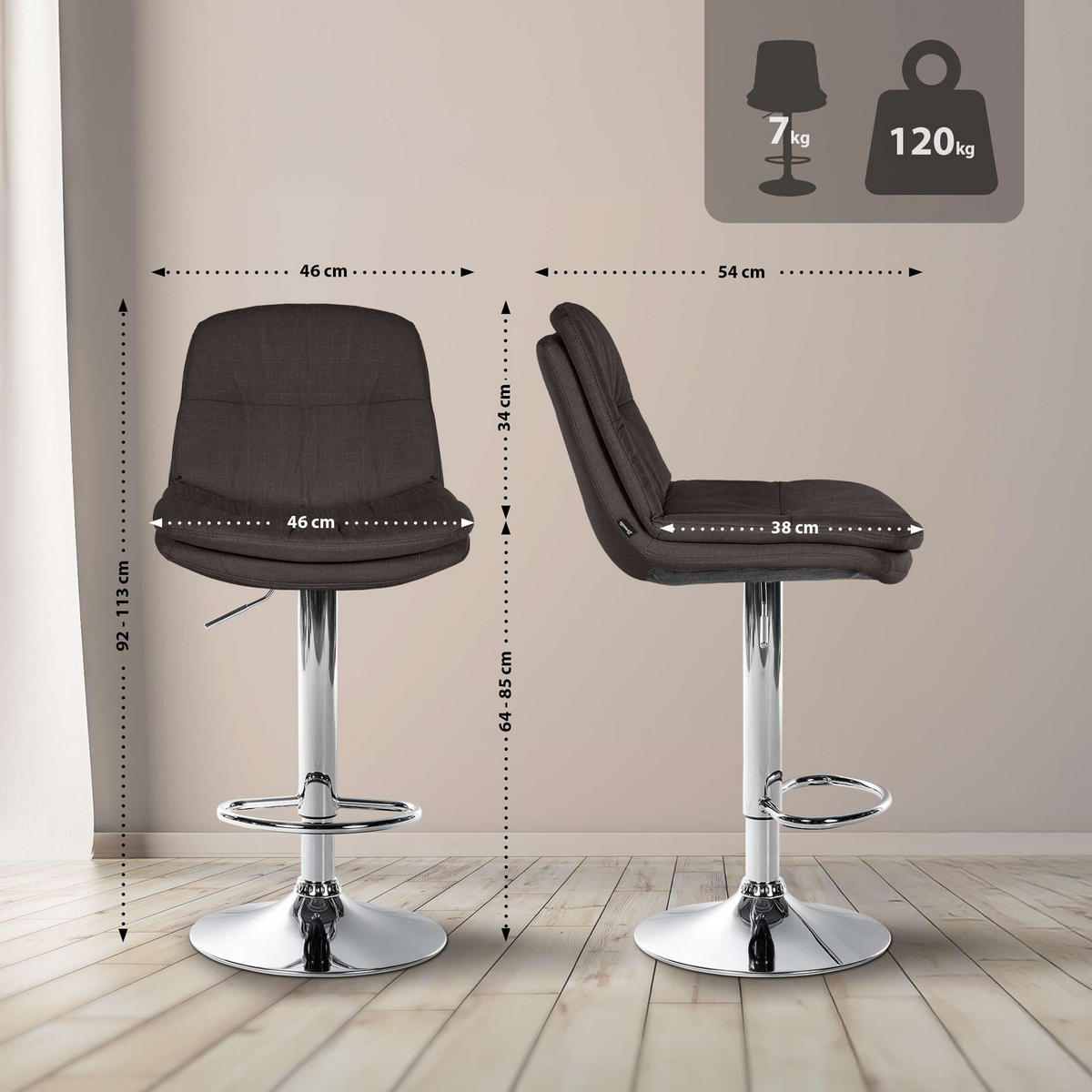 BARHOCKER Laura Stoff chrom dunkelgrau - Chromfarben/Dunkelgrau, Textil/Metall (46/113/54cm) - TPFLiving