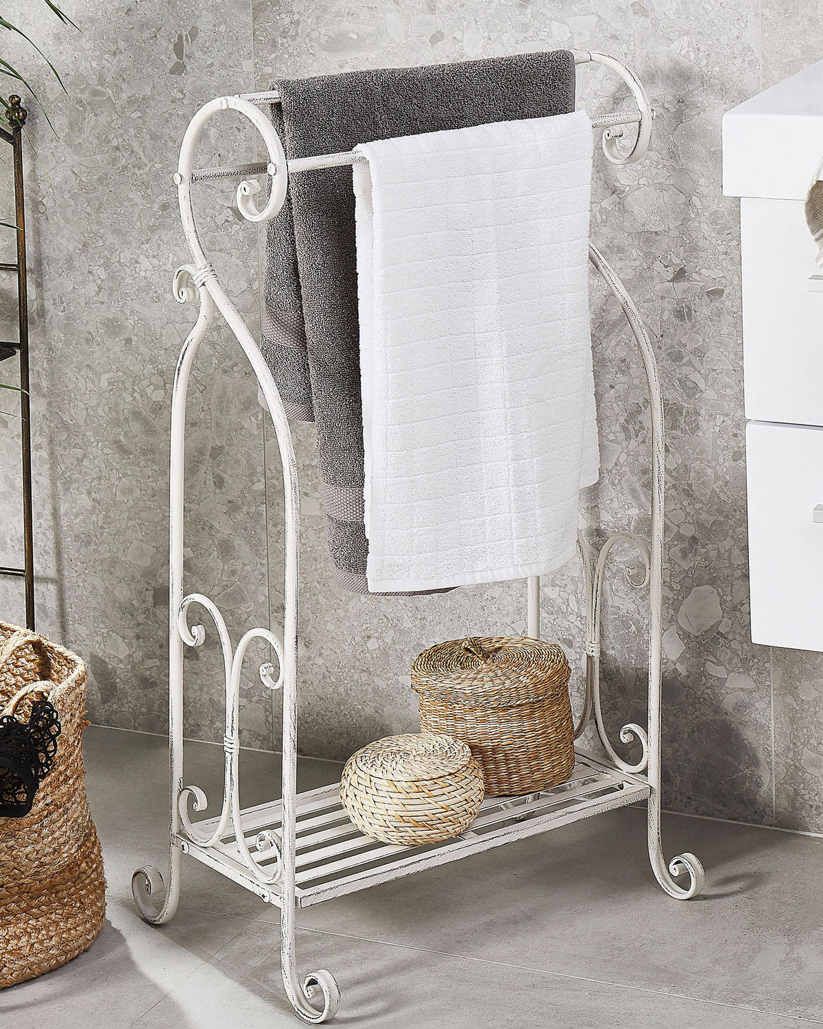 HANDTUCHSTÄNDER Antik Optik weiß 49 x 91 cm Linares - Weiß, Metall (49/91/33cm) - Beliani