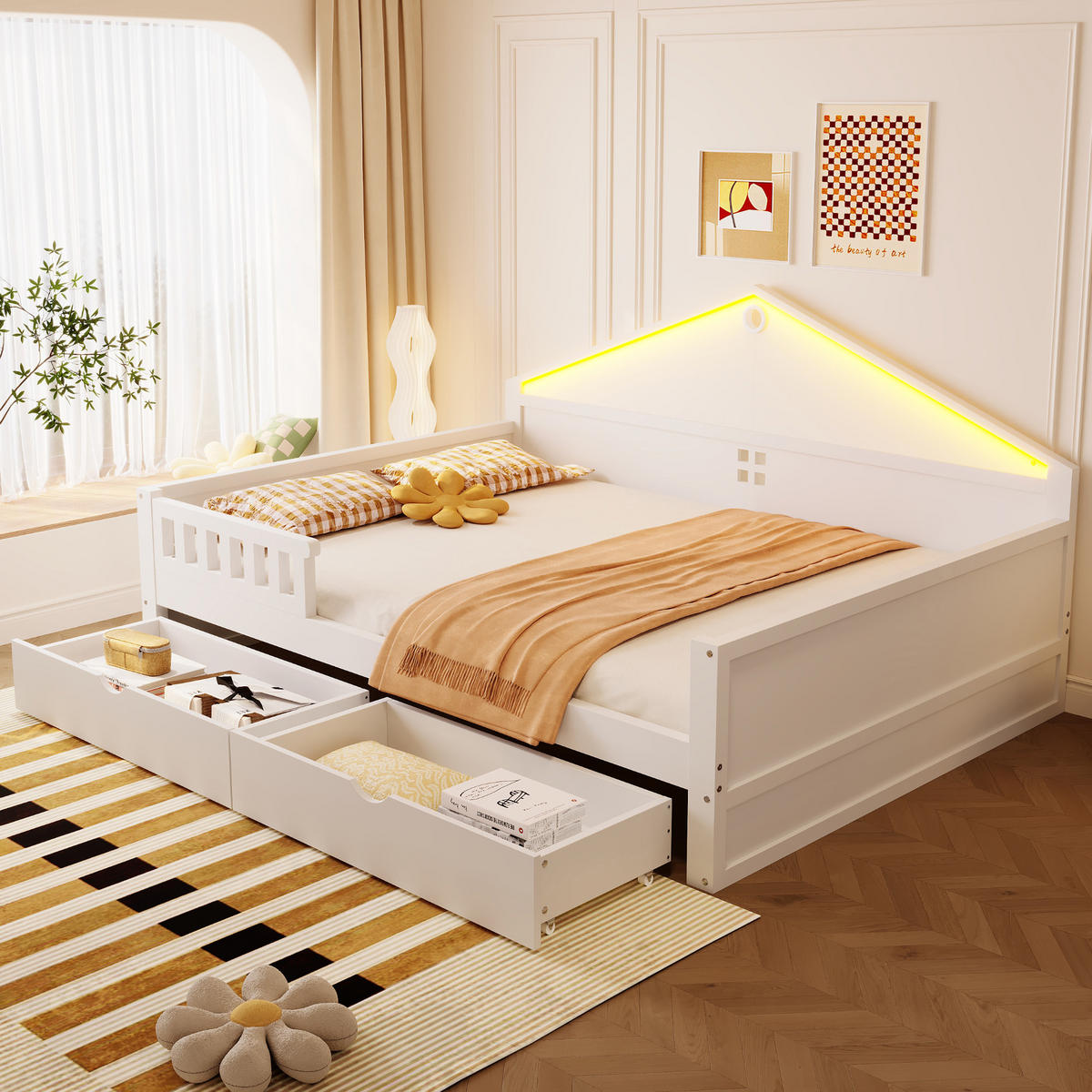 KINDERBETT 140/200 cm in Weiß mit Schubladen und LED - Weiß, Holz/Holzwerkstoff (140/200cm) - WISHDOR