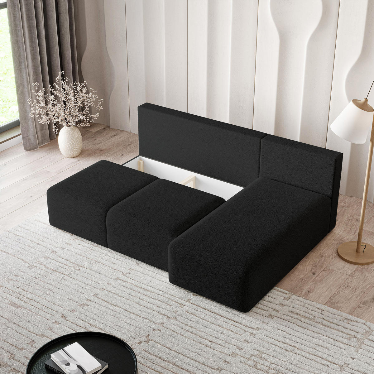 ECKSOFA TRAMA Schwarz Boucle-Stoff mit Schlaffunktion - Schwarz, Holz (200/143cm) - MASSENO