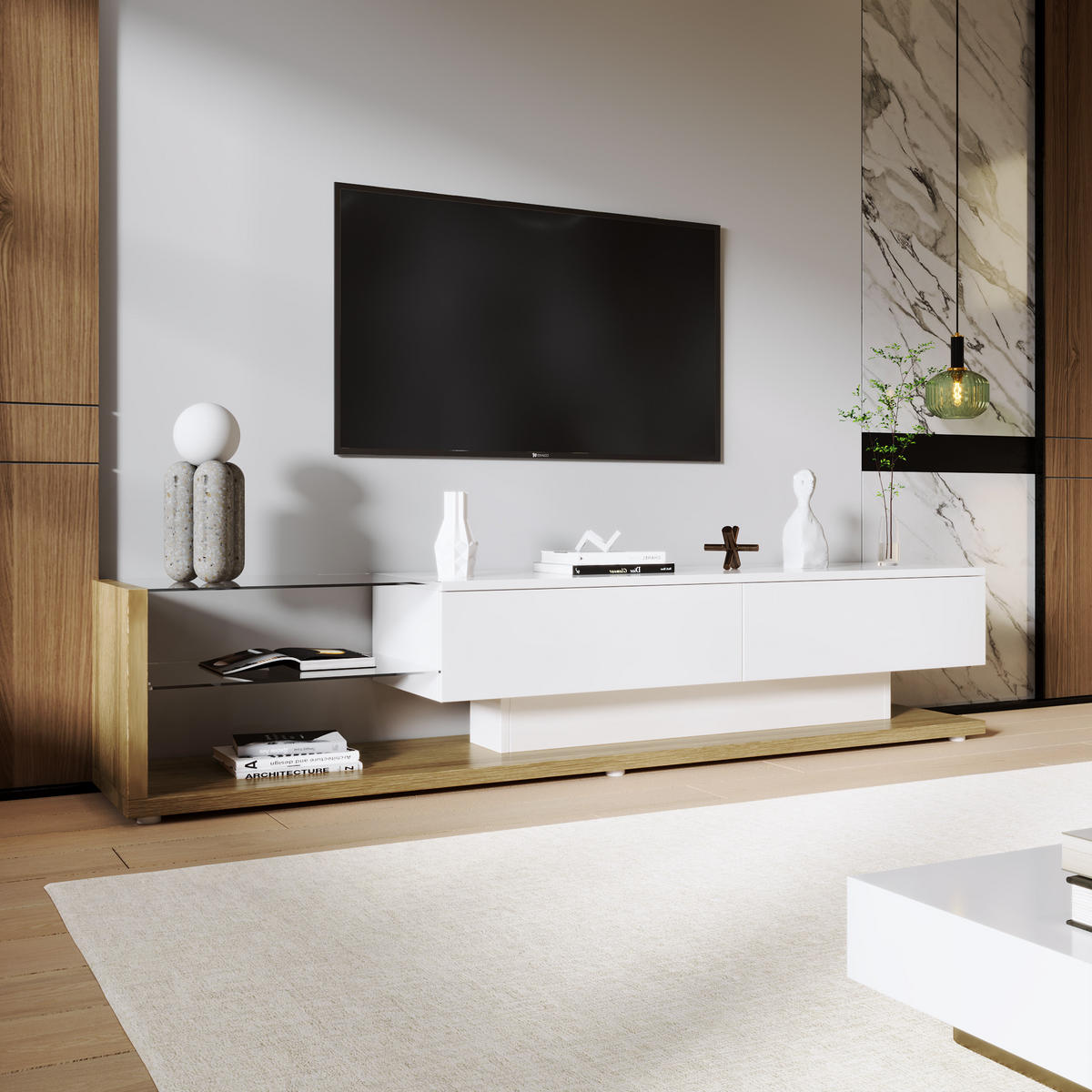 TV-SCHRANK in Weiß Hochglanz mit LED, Schubladen und Glasböden 170/38/36 cm - Weiß, Holzwerkstoff (170/38/36cm) - Redom