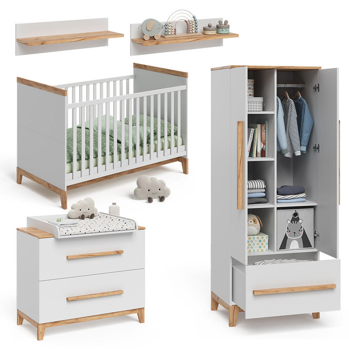 SADA PRO DĚTSKÝ POKOJ Malia Bílá/dub Sada 4 kusů - bílá/barva dubu, kompozitní dřevo (70/187/50cm) - VitaliSpa