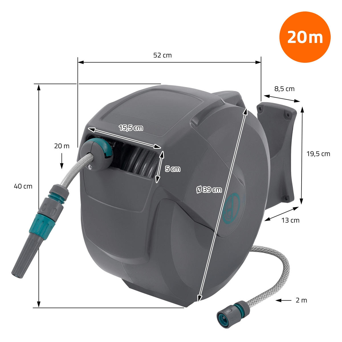 SCHLAUCHAUFROLLER 20m - Grau, Kunststoff (18/40/52cm) - ECD-Germany
