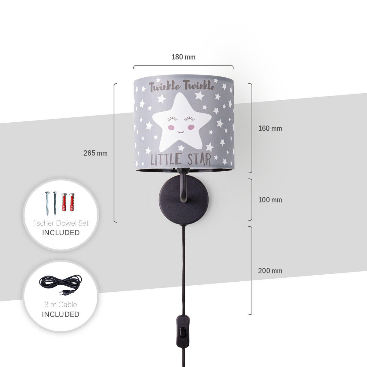 KINDERZIMMERLAMPE Luca Wl Ale 105 - Grau, Metall (18/26.9/20.9cm) - Paco Home