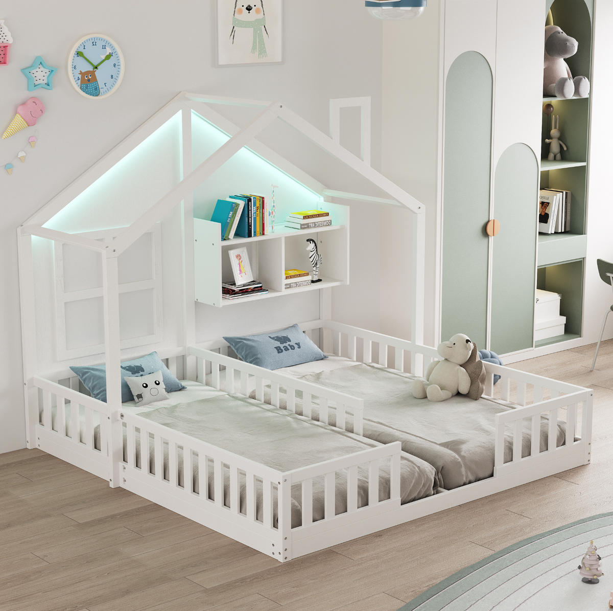 KINDERBETT 90/200 cm aus Holzwerkstoff mit LED-Beleuchtung, Hausdesign, Sicherheitsgitter und Ablagen, Weiß - Weiß, Holzwerkstoff (90/200cm) - Redom