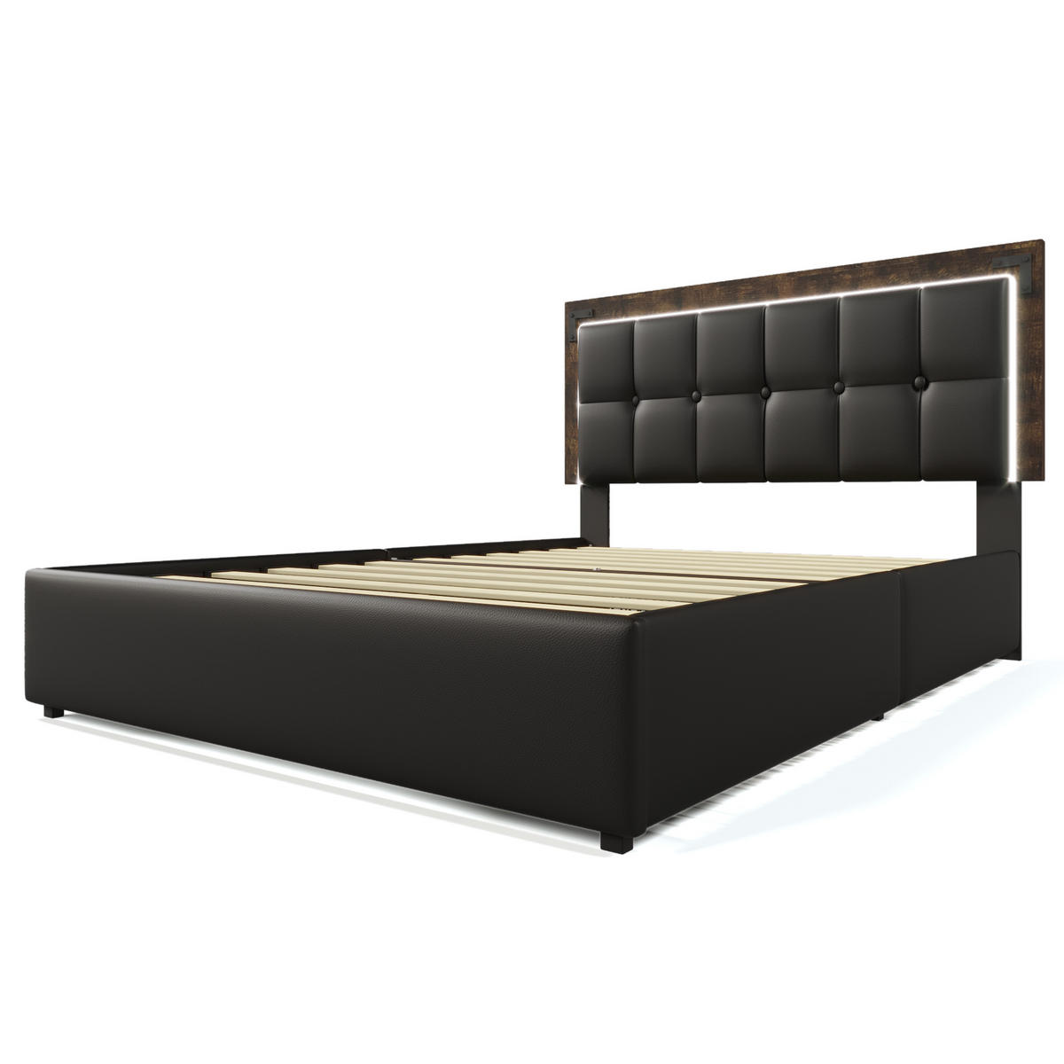 POLSTERBETT 140/200 cm Schwarz mit LED-Beleuchtung und verstellbarem Kopfteil - Schwarz, Kunststoff (140/200cm) - OKWISH