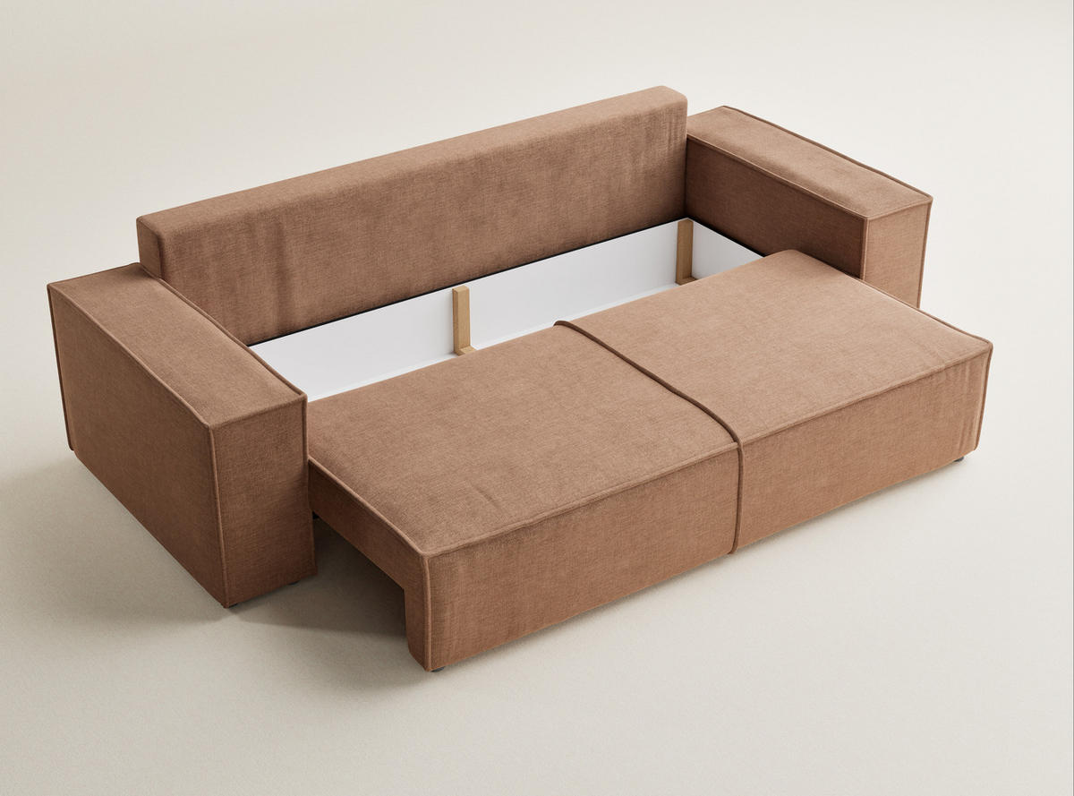 SOFA MIT SCHLAFFUNKTION Milos Hellbraun Chenille-Stoff - Hellbraun/Schwarz, Holz/Holzwerkstoff (255/70/105cm) - Maison de Reve
