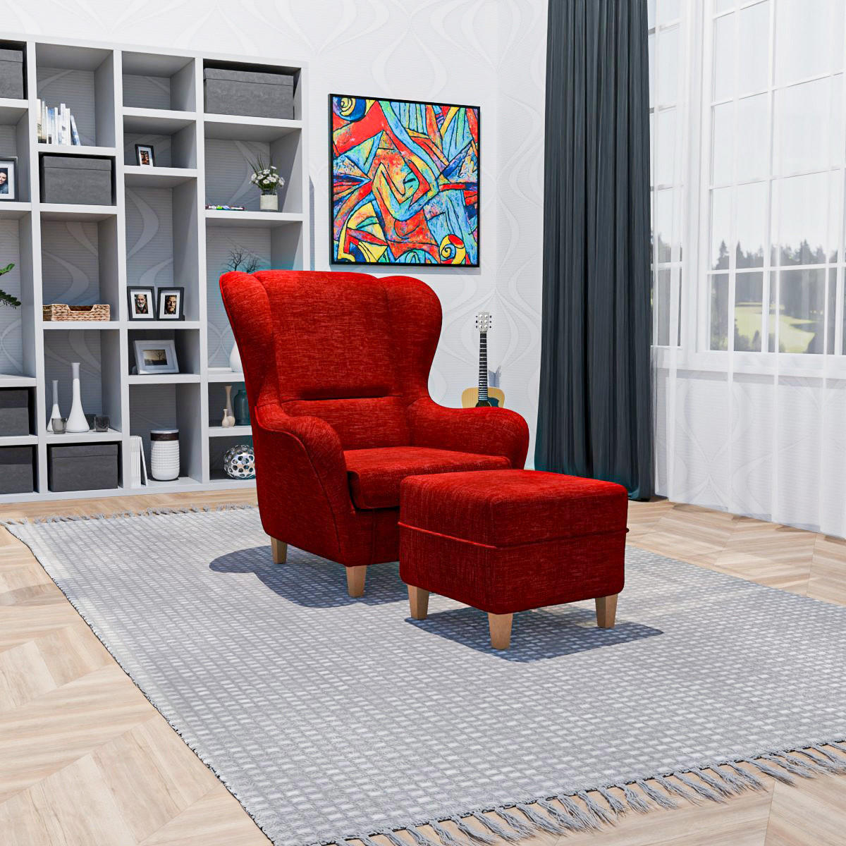 OHRENSESSEL Sofia Relaxsessel mit Hocker | Design Webstoff Vienna Rot - Bronzefarben, Textil (92/68/95cm) - Supellex