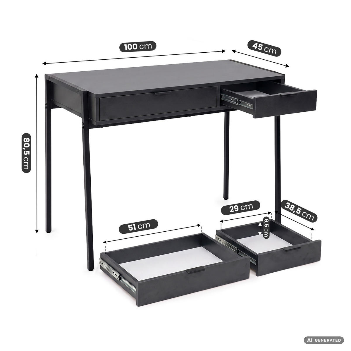 SCHREIBTISCH ZENTIA 100 cm Schwarz - Schwarz, Holzwerkstoff (100/45/80.5cm) - Akord