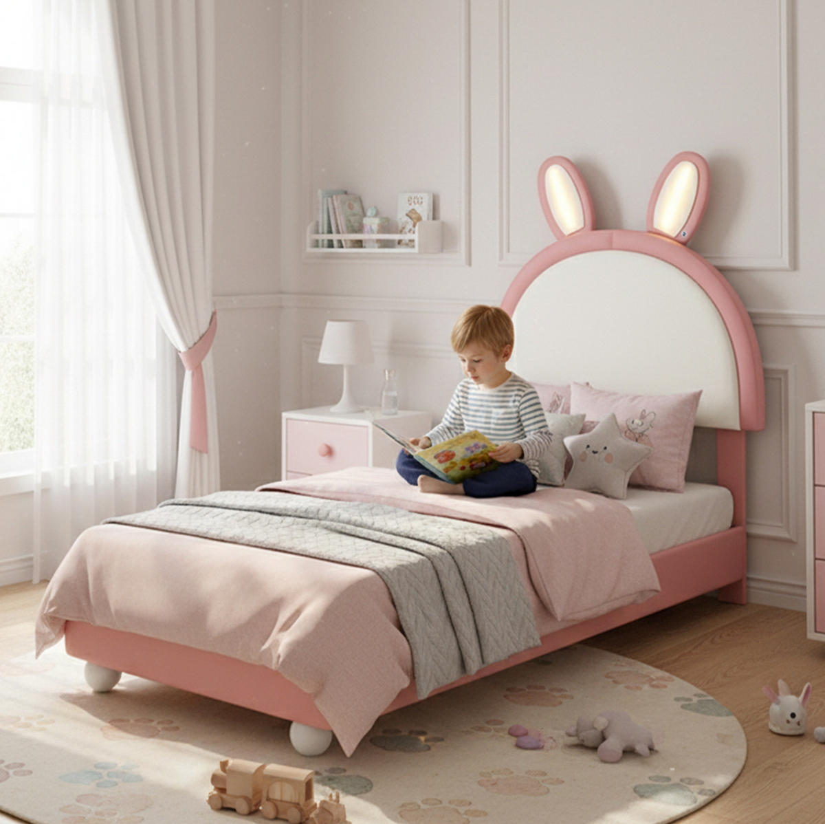 POLSTERBETT Hasenform 90/200 cm, Pink mit LED und Antikollisions-Schwammkante - Rosa, Kunststoff (90/200cm) - MIVRAY