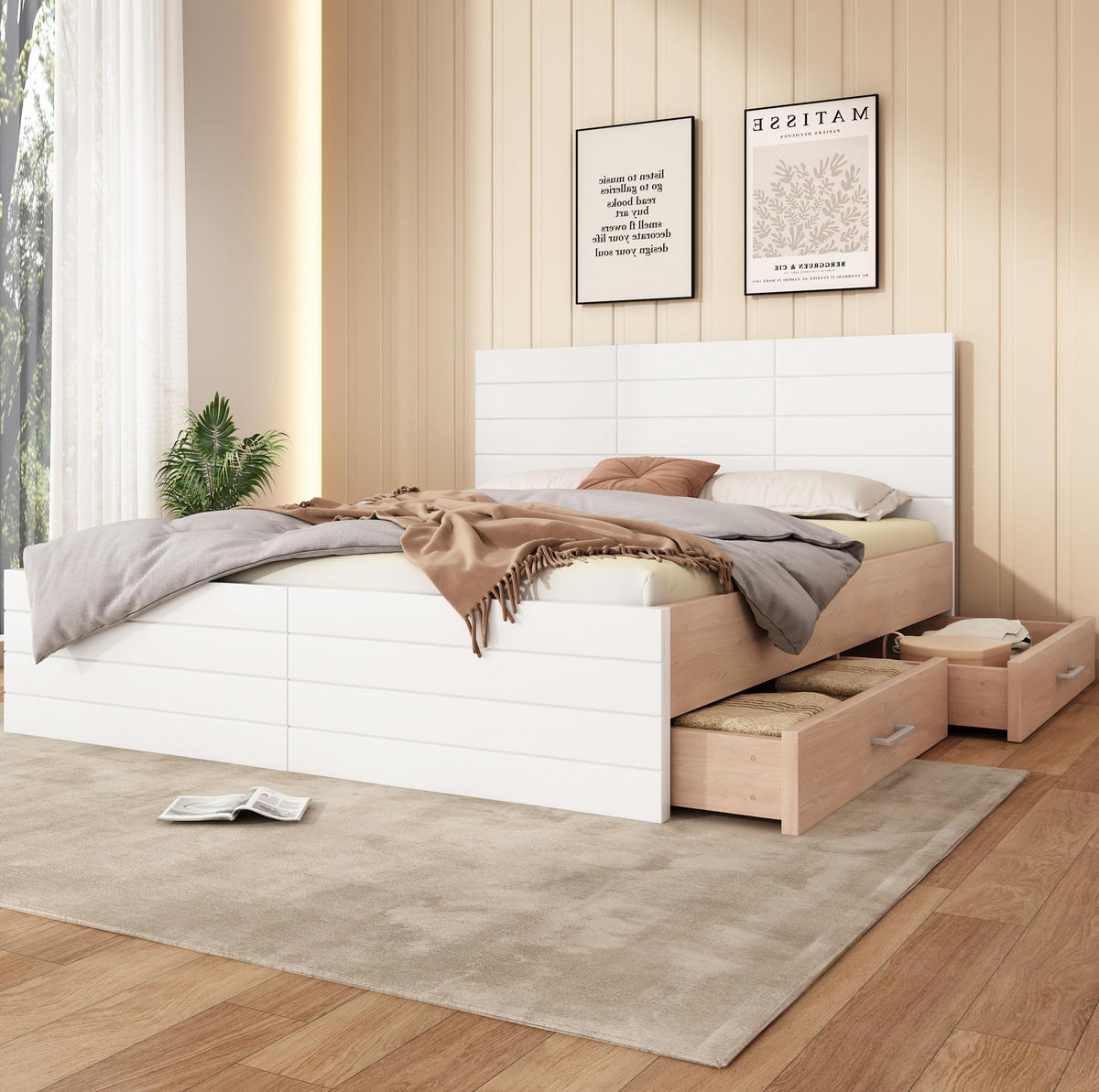 HOLZBETT 180/200 cm mit 2 Schubladen, Lattenrost und Stauraum, Weiß/Eiche - Weiß, Holzwerkstoff (180/200cm) - Redom