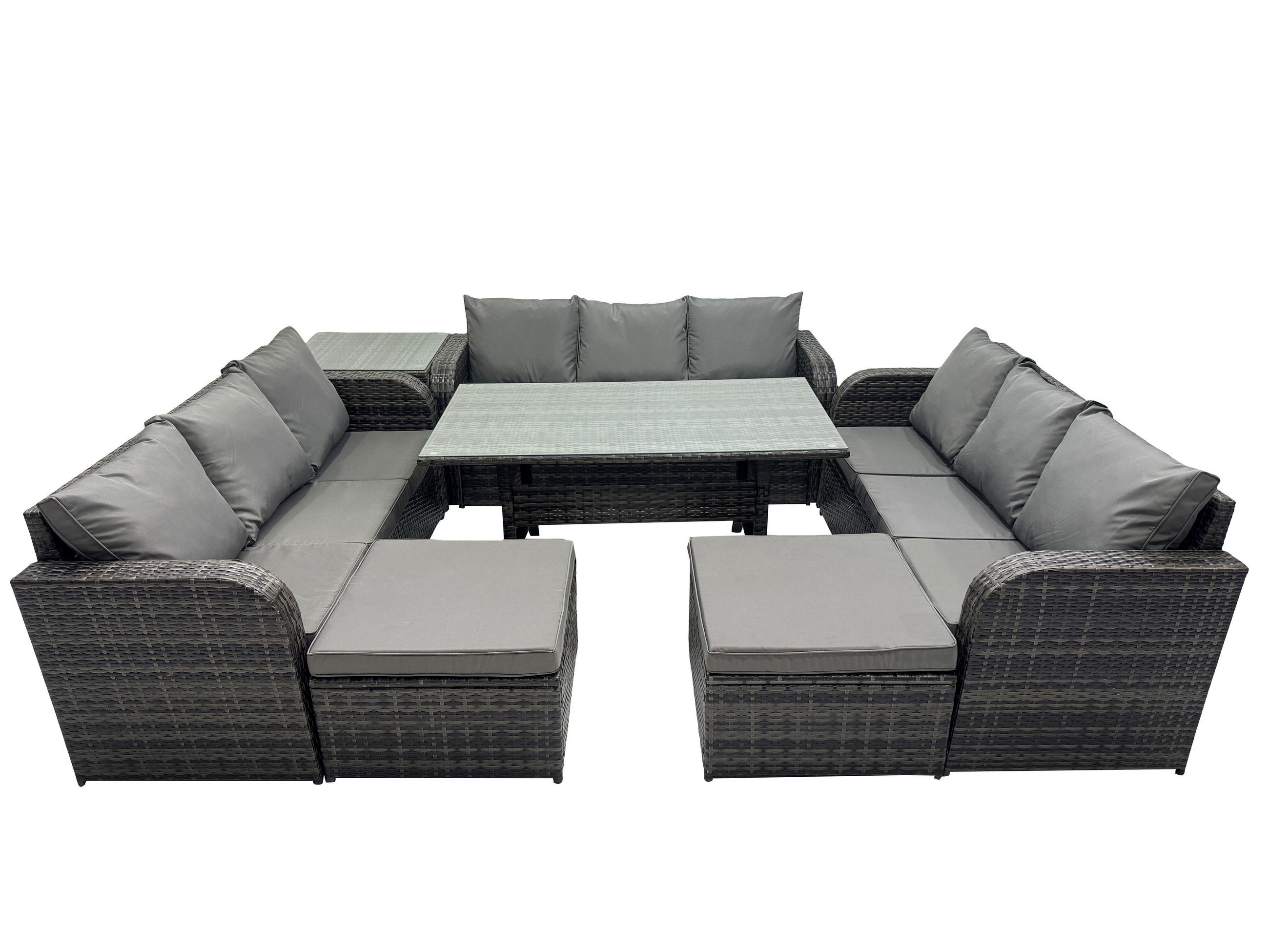 GARTENTISCHGRUPPE mit 2 Hocker Beistelltisch Polyrattan Dunkelgrau 11-Sitzer - Dunkelgrau/Grau, Glas/Kunststoff - Fimous