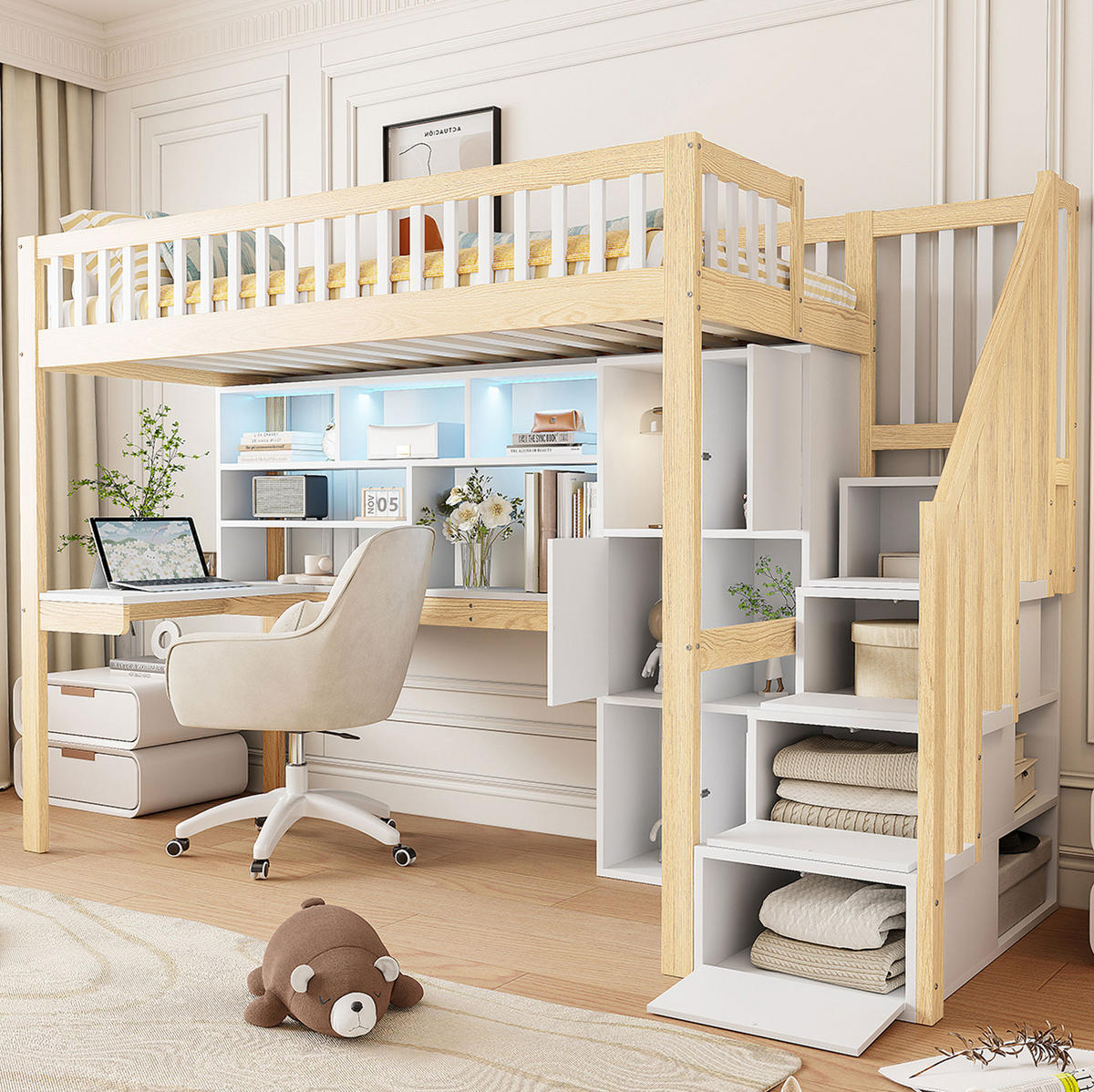 HOCHBETT 90/200 cm aus Kiefer und MDF mit LED, Stauraumleiter und Schreibtisch Weiß/Natur - Naturfarben, Holz (90/200cm) - Modenvie