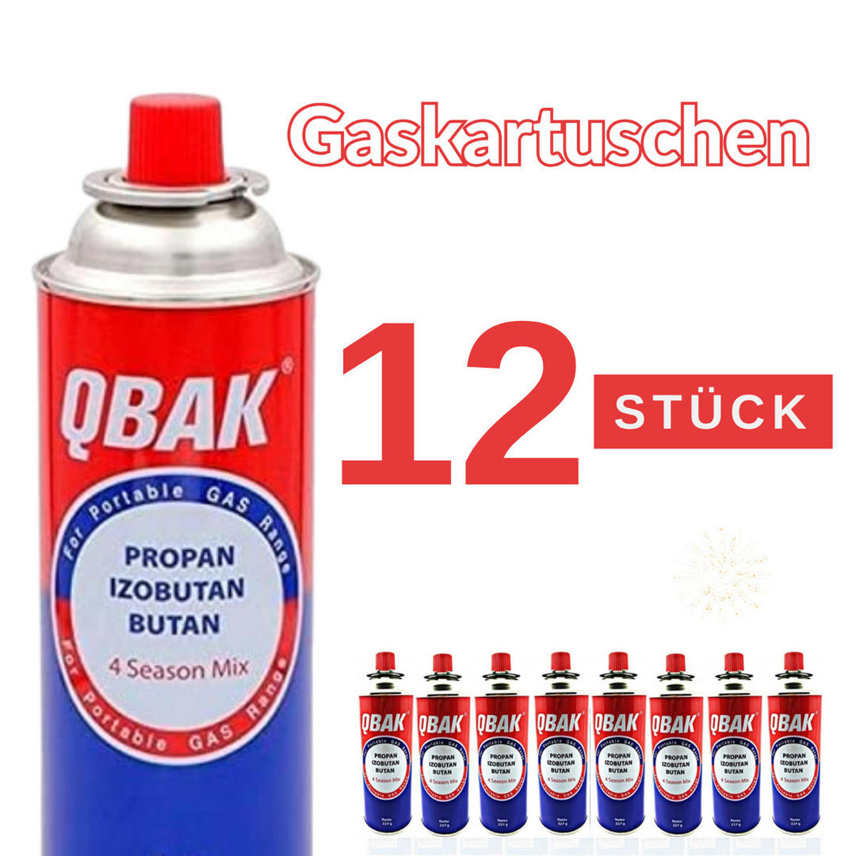 GASKARTUSCHEN 12er Set 227g Butangas QBAK Campingkocher Kartuschen - Blau/Rot, Metall (6.7/20/6.7cm) - Resch