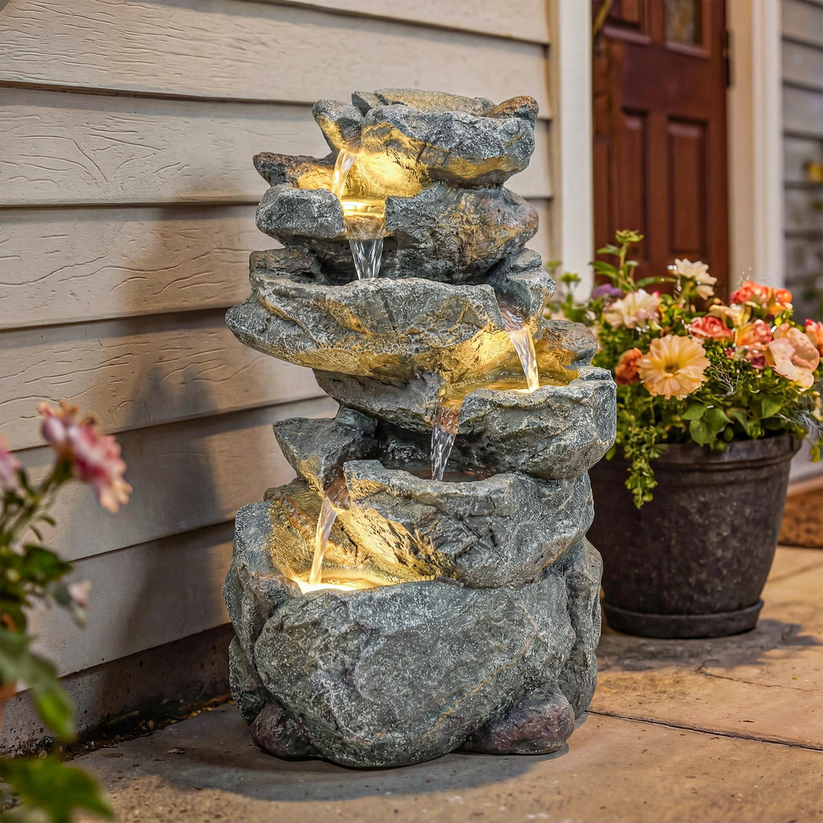 GARTENBRUNNEN DE-18870 6-stufige Kaskade mit LED Grau - Grau, Kunststoff (33/27/53cm) - ComfortXL