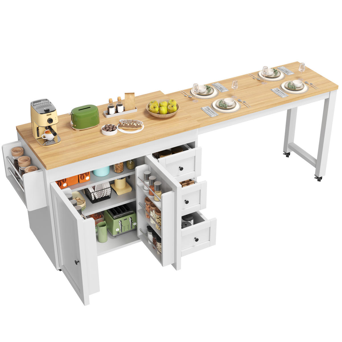 KÜCHENINSEL DE-38369 116/179 cm ausziehbar mit 3 Schubladen und Rollen Schwarz - Weiß, Holzwerkstoff (116/89/45cm) - ComfortXL
