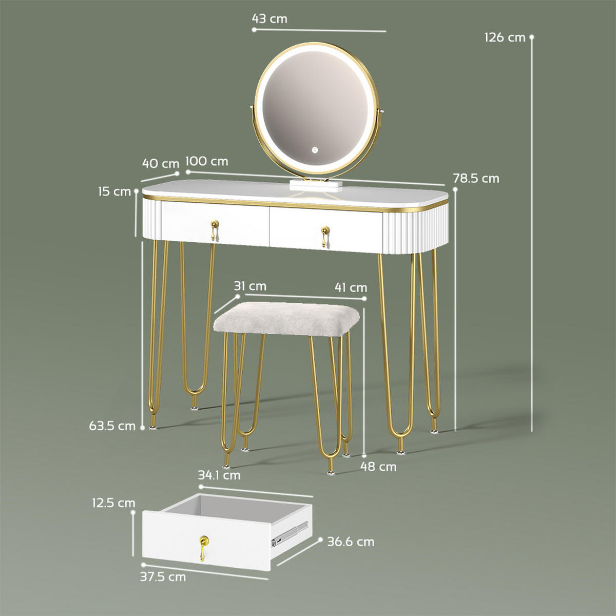 SCHMINKTISCH Isonca Weiß Hochglanz mit LED Beleuchtung und Hocker - Weiß Hochglanz, Holzwerkstoff (100/126/40cm) - Livinity®