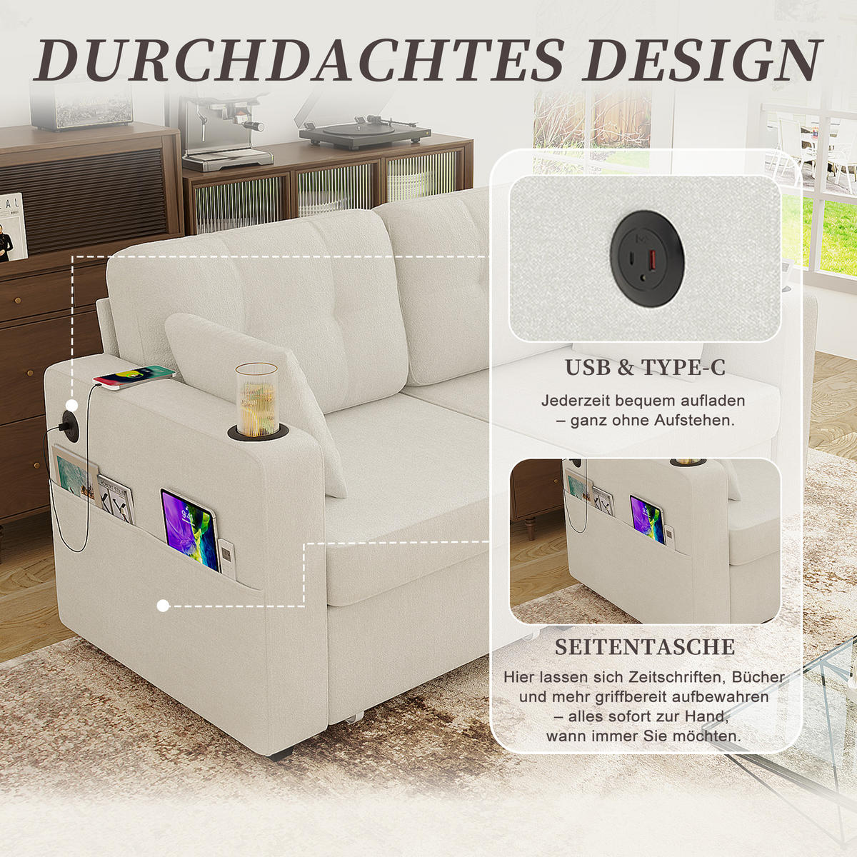2-SITZER SOFA Chenille Beige mit 2 Stauraumschubladen, USB, Getränkehaltern und Seitentaschen - Beige, Textil/Metall (172/82/75cm) - WISHDOR
