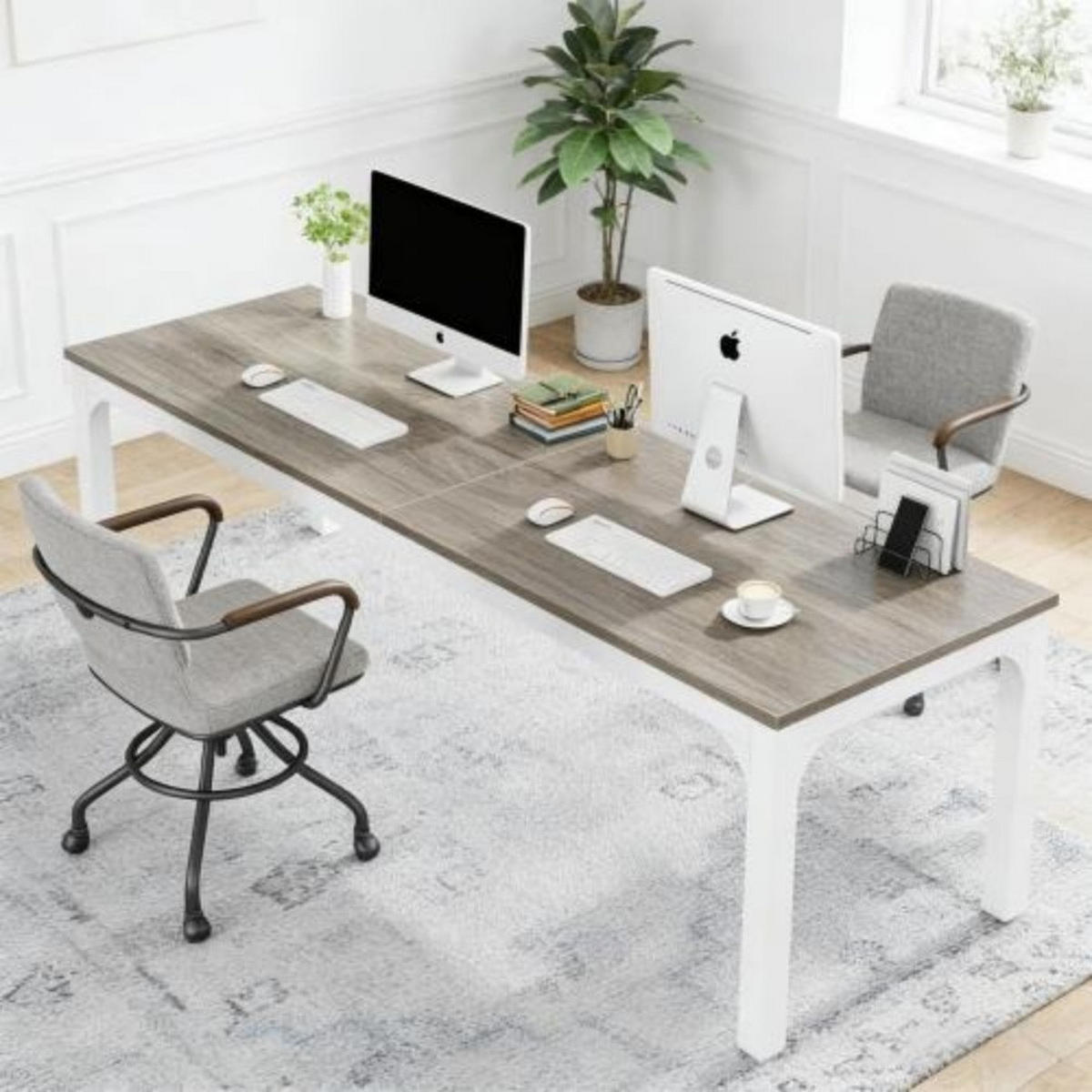 SCHREIBTISCH für 2 Personen 200 x 70 cm Metall Holz Taupe Weiß - Weiß, Metall (200/70/75cm) - Meubliv
