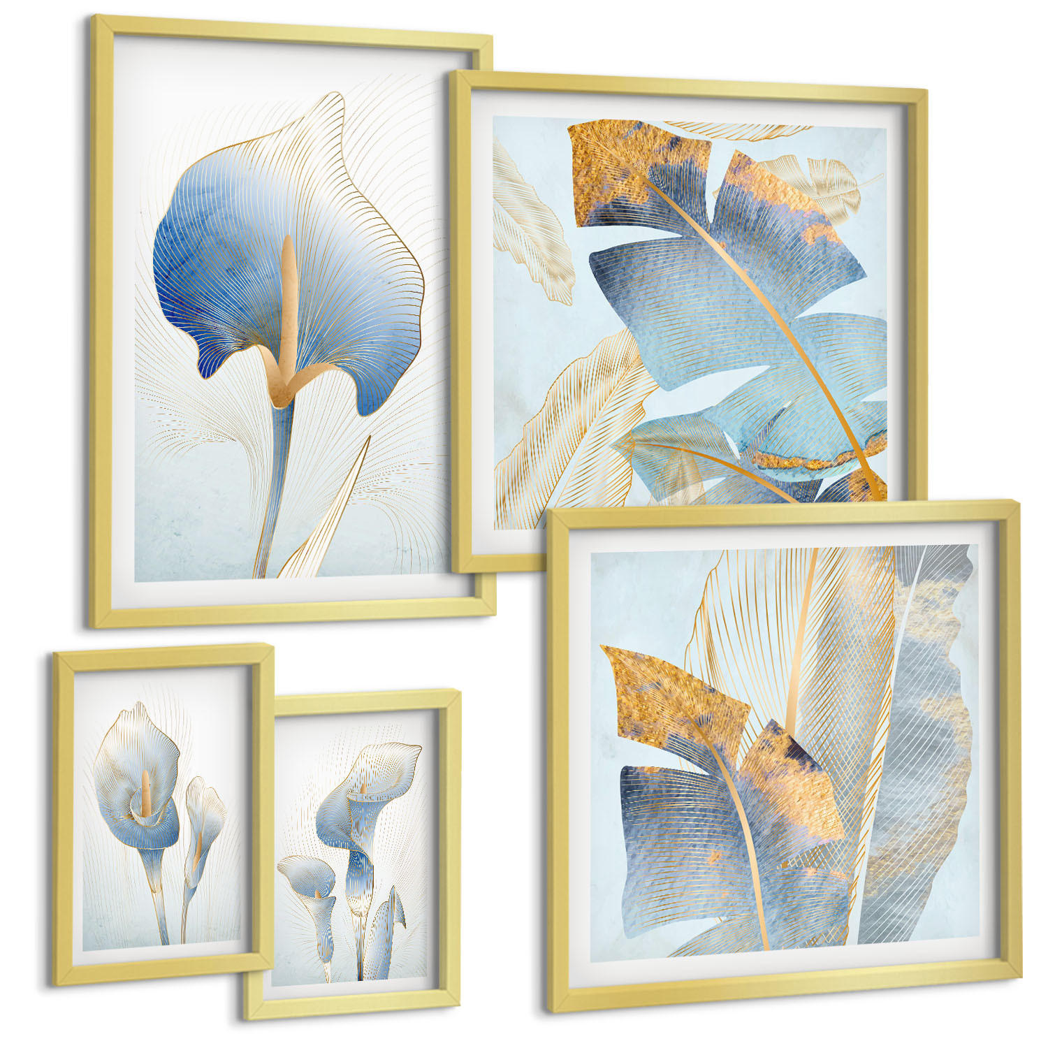 BILDER SET 5er Set - 50x50 cm & 20x30 cm & 40x60 cm Goldrahmen - Blaue Blumen im Hintergrund - Goldfarben, Kunststoff (40/60cm) - TULUP