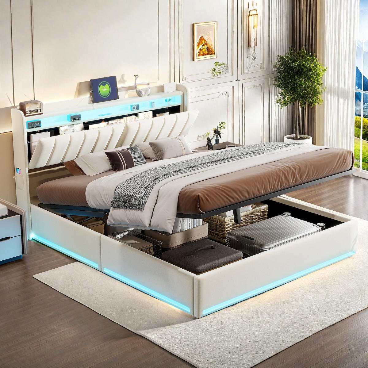 ČALÚNENÁ posteľ 140x200 cm béžová zamatová LED úložná jednotka s USB - béžová, kov - SHOPENTRA