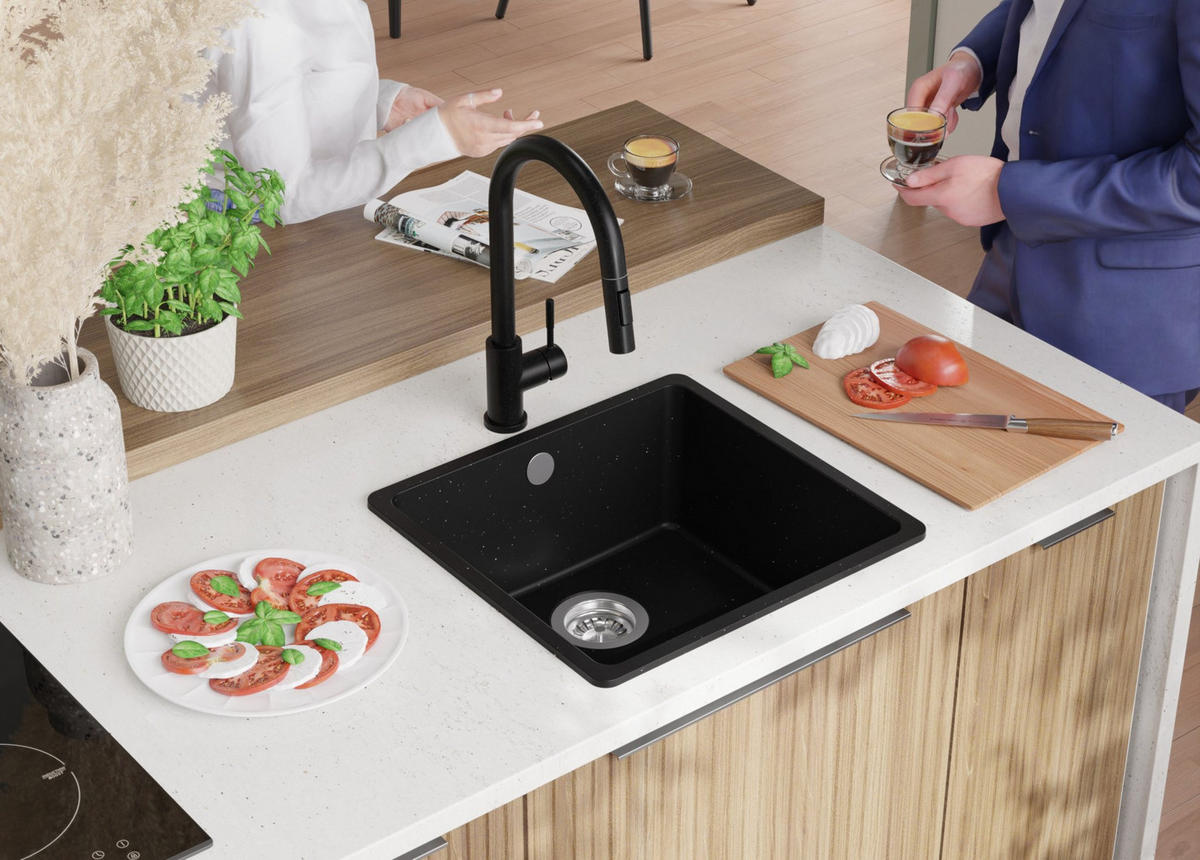 SPÜLBECKEN Venedig Slim Easy, 2-er set Schwarz Metallic 46/44 cm 1 Becken + Ablauf-Set ab 50er Unterschrank - Chromfarben/Schwarz Hochglanz, Kunststoff (46/20/44cm) - Primagran