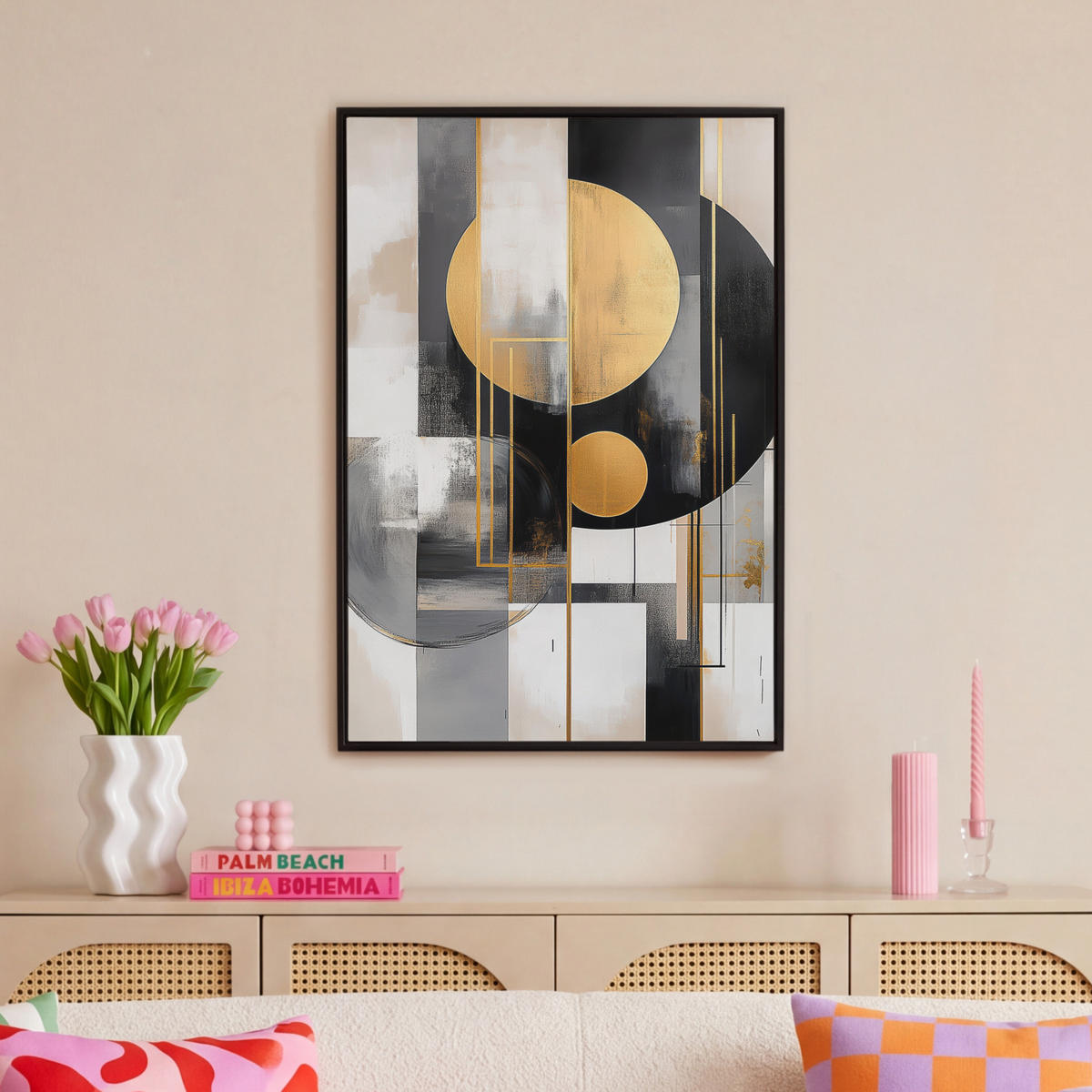 LEINWAND Bilder mit Rahmen - Abstrakt - Gold - Silber - Formen - Ästhetisch - Modern - 60x90 - Goldfarben, Textil (60/90cm) - MuchoWow