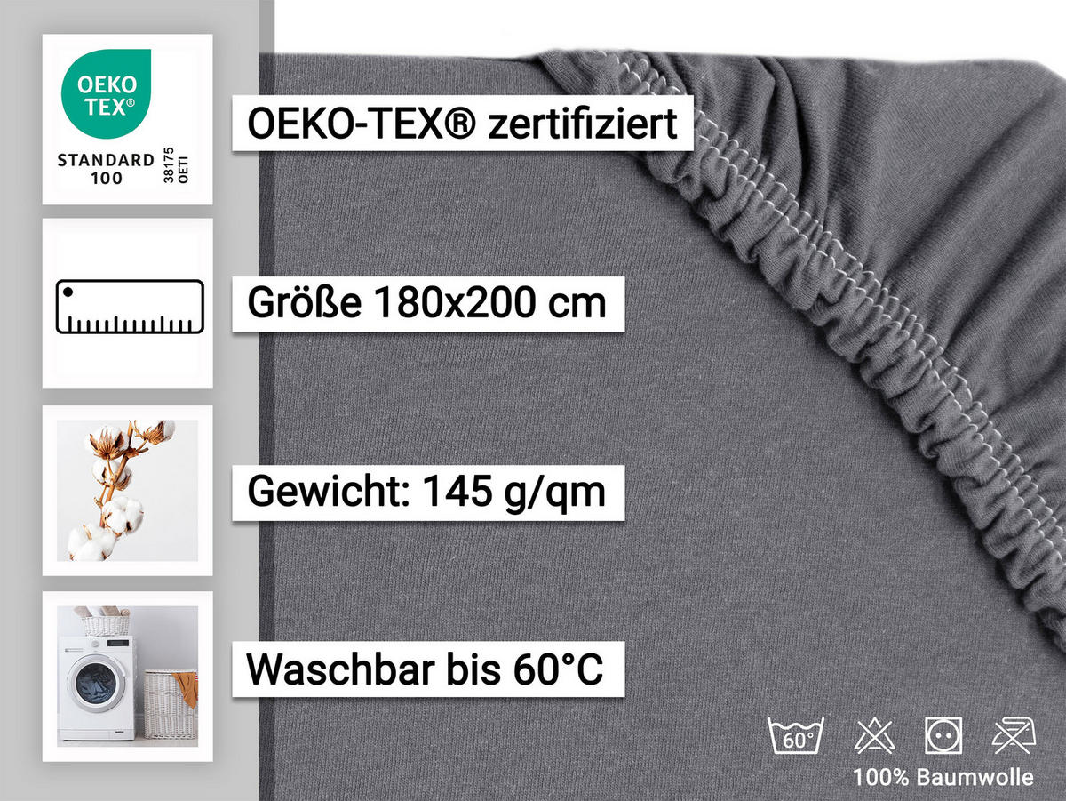 SPANNBETTLAKEN, 180x200 cm, 100% Baumwolle, Grau - Anthrazit, Textil (180/200cm) - Zollner