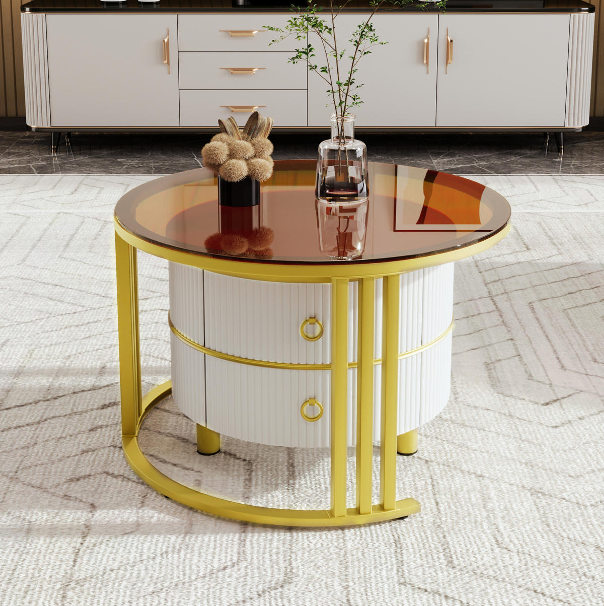 COUCHTISCH 2-tlg. rund mit 2 Schubladen 70/50 cm Weiß - Weiß, Glas (70/70/45cm) - Meubliv