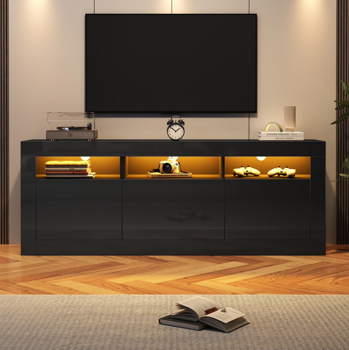 TV-SCHRANK mit LED-Beleuchtung 160 x 35 x 60 cm Hochglanz Schwarz - Schwarz, Holzwerkstoff (35/60/160cm) - Beauniv