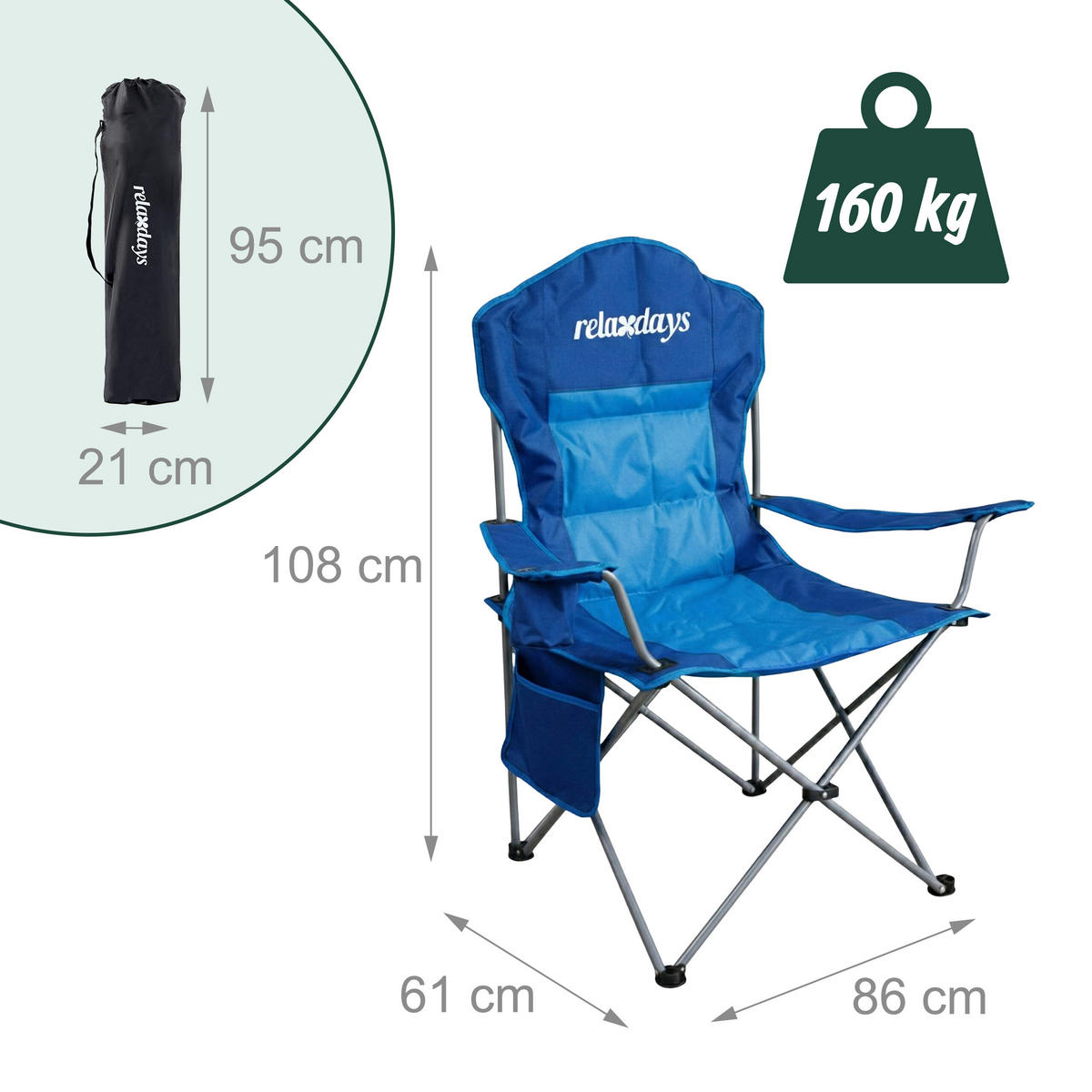 CAMPINGSTUHL Blau faltbar Armlehnen Getränkehalter Tragetasche 108x86x61 cm - Blau, Kunststoff/Textil (86/108/61cm) - Relaxdays
