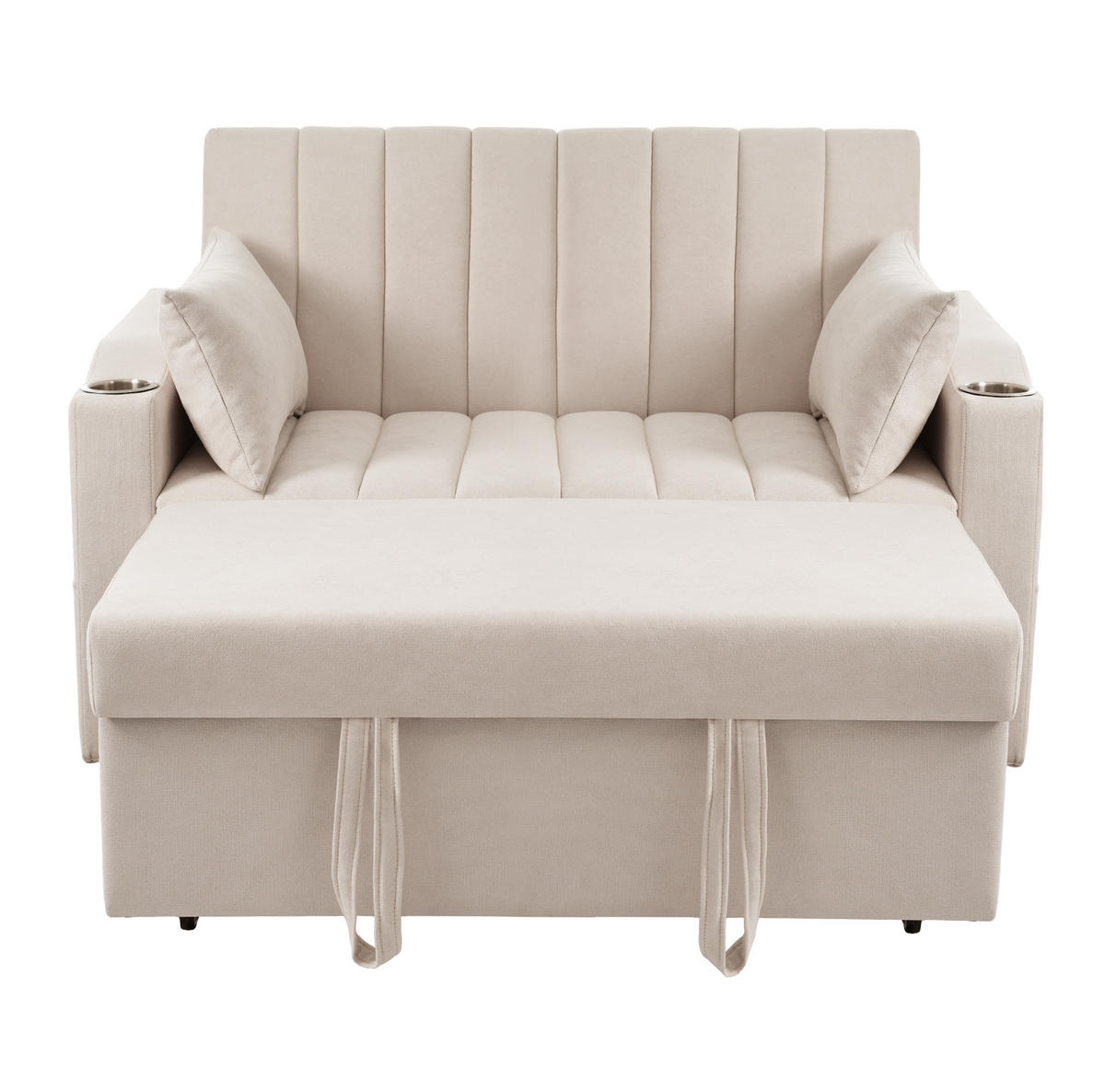 SCHLAFSOFA aus Baumwollstoff 136x162x84 cm Beige mit verstellbarer Rückenlehne, Getränkehaltern und Seitentaschen - Beige, Textil (162/84/136cm) - Modfu