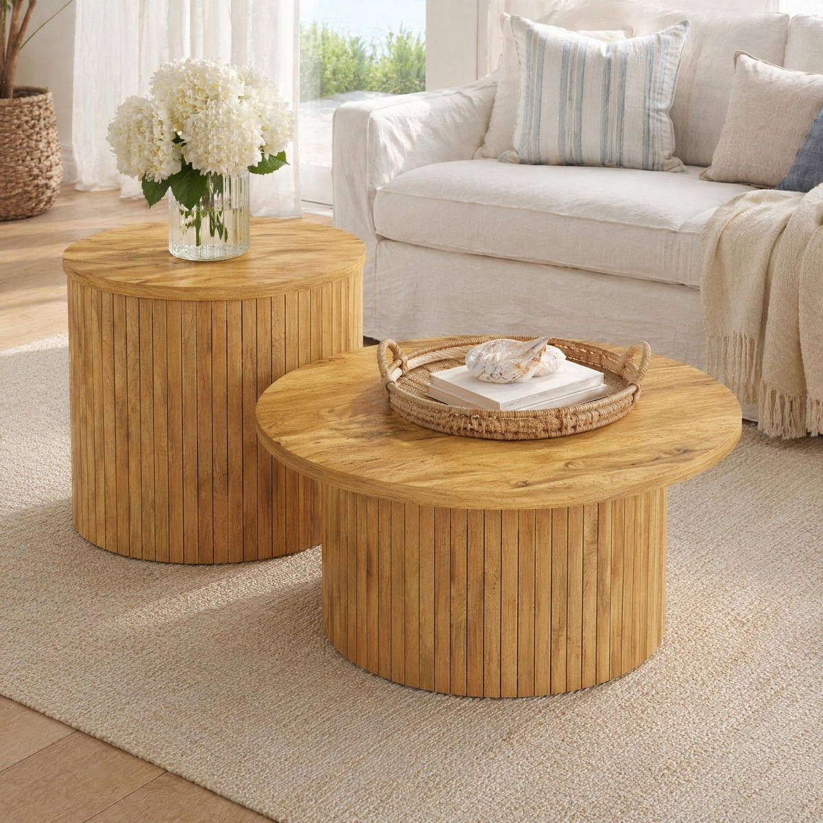 COUCHTISCH SET in Naturfarben mit 2 runden Tischen und Naturholzlatten für Wohnzimmer, B75/T75/H36cm und B50/T50/H50.5cm - Naturfarben, Holzwerkstoff (75/75/50.5cm) - STILVORA