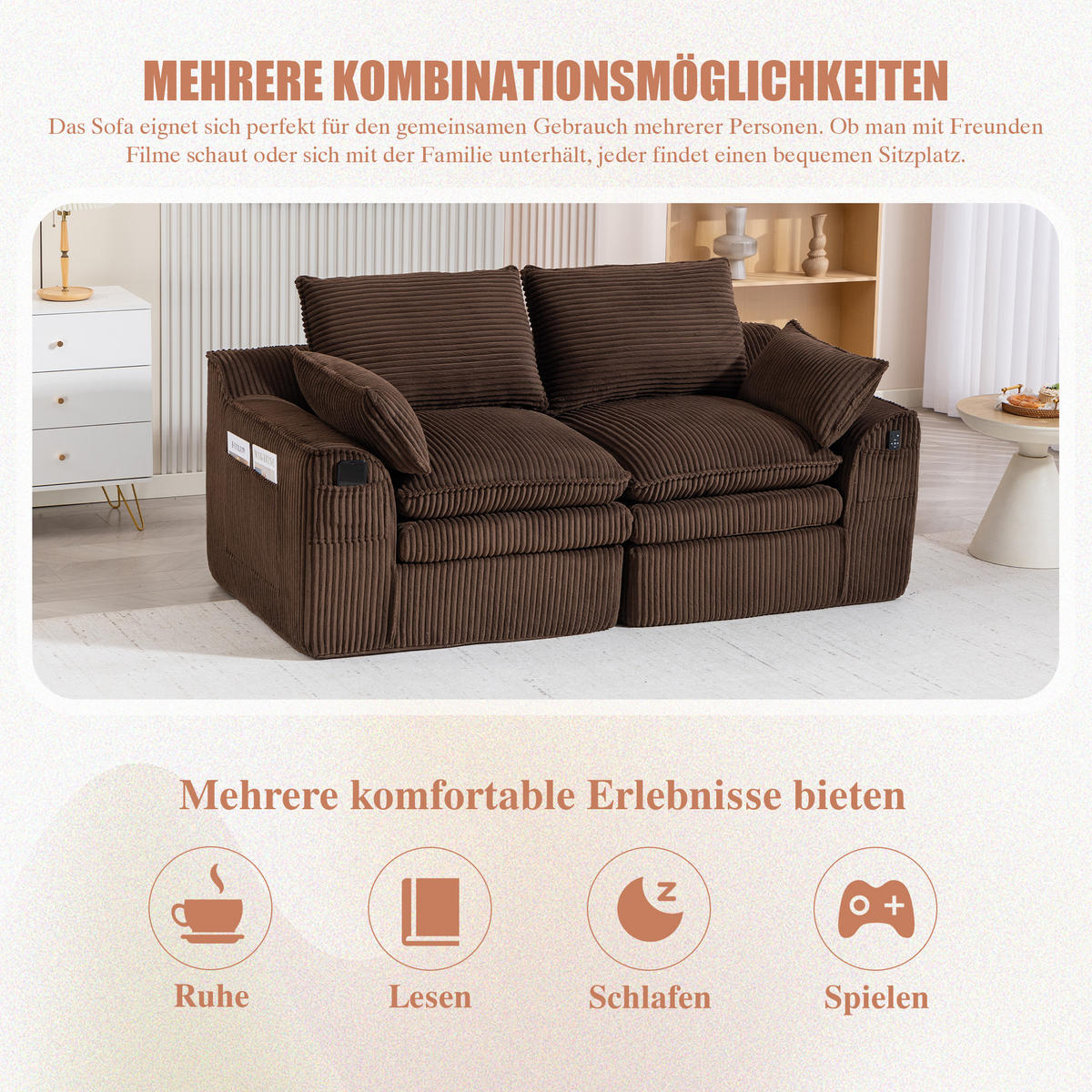 2-SITZER SOFA Cord Braun mit Kissen und Seitentaschen - Braun, Textil (191/85/94cm) - WISHDOR