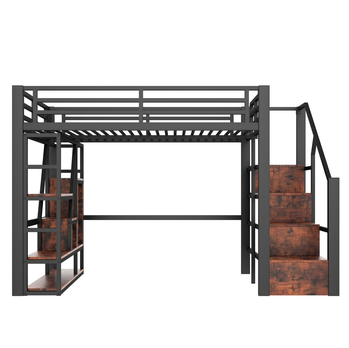 HOCHBETT 140/200 cm in Schwarz – mit Stauraumtreppe, Rausfallschutz und LED - Schwarz, Holzwerkstoff (140/200cm) - BEAOK
