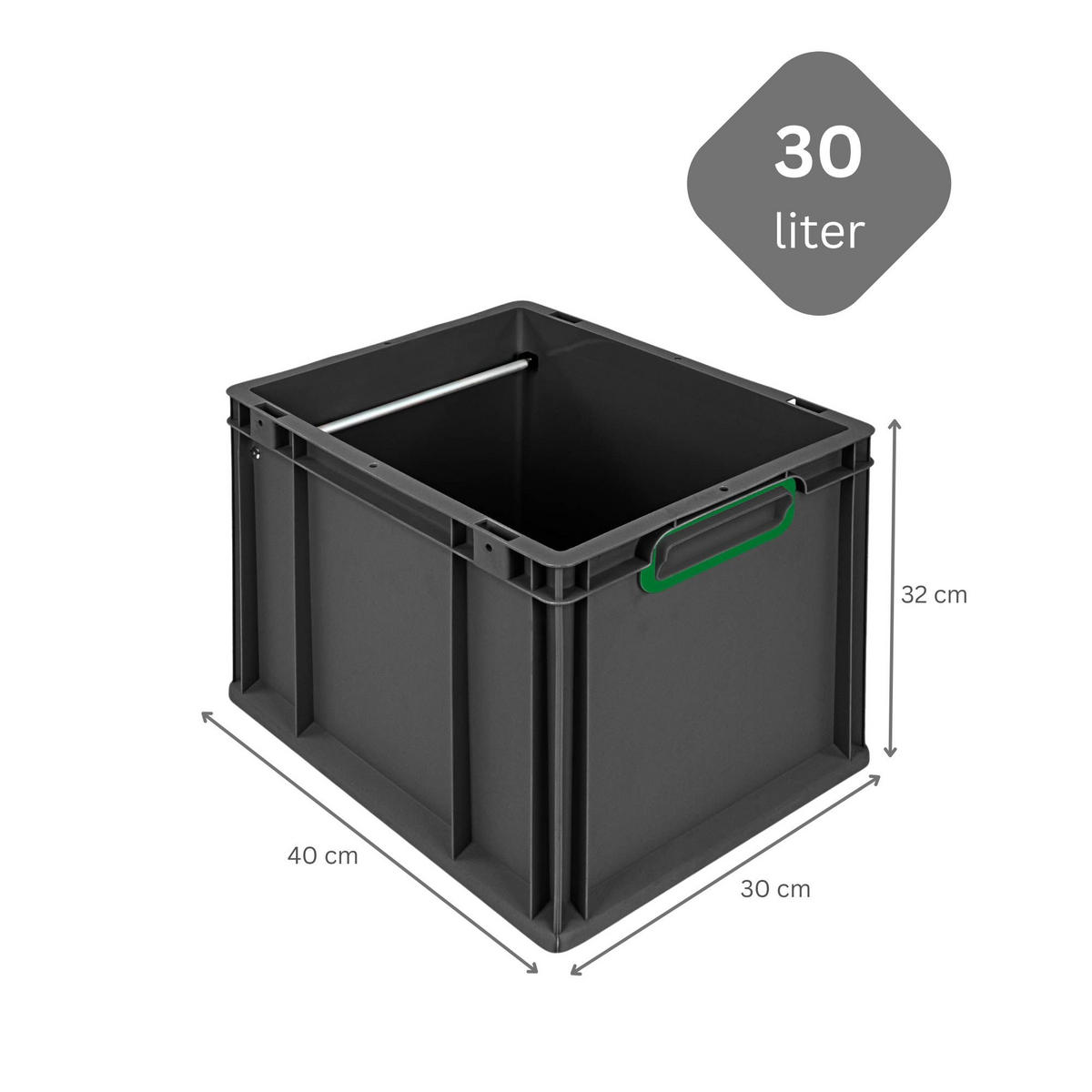 HÄNGEREGISTERBOX NextGen, HxBxT 32x30x40cm, 30 Liter, Griffe grün geschlossen, Schwarz - Schwarz, Kunststoff (30/32/40cm) - PROREGAL