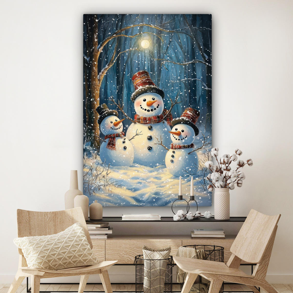 OBRAZ NA PLÁTNĚ Sněhulák - Sníh - Zima - Les 90x140 cm - světle modrá, textil (90/140cm) - MuchoWow