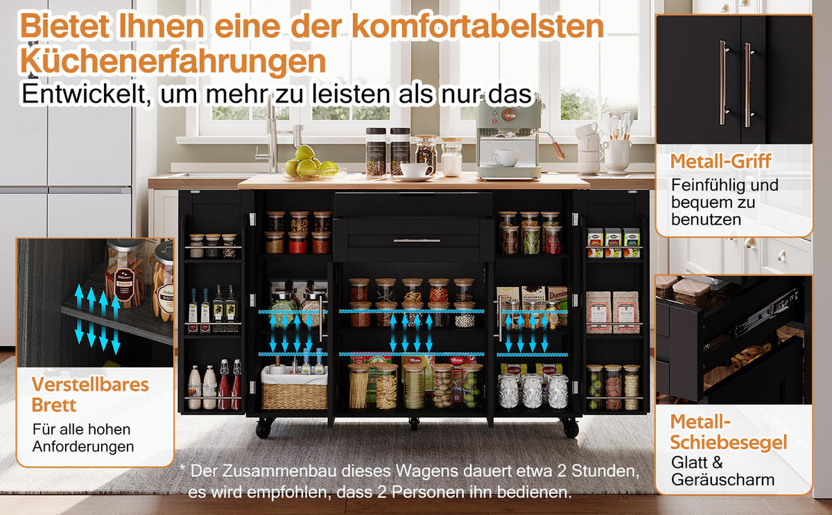 KÜCHENINSEL 120x45/70 cm ausziehbar mit Gewürzregal - Schwarz, Holzwerkstoff (136/92/70cm)