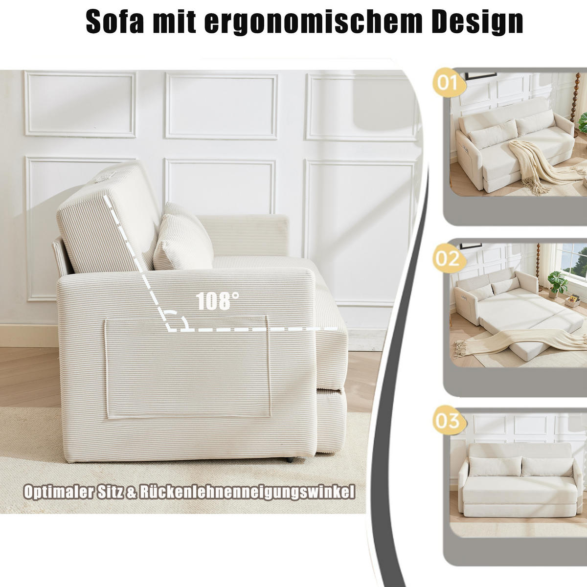 2-SITZER SCHLAFSOFA 2-Sitzer Cord Beige mit 2 Lendenkissen und Magazintaschen - Beige, Holzwerkstoff/Textil (165/67/212cm) - WISHDOR