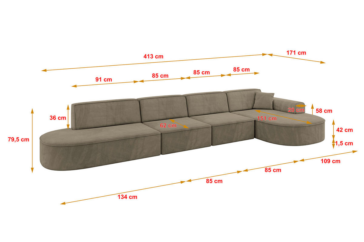 ECKSOFA Ottomane Rechts MARI-L3 - 413x171x79 cm Dunkelbraun Velours - Dunkelbraun/Schwarz, Holzwerkstoff/Kunststoff (171/413cm) - ALTDECOR