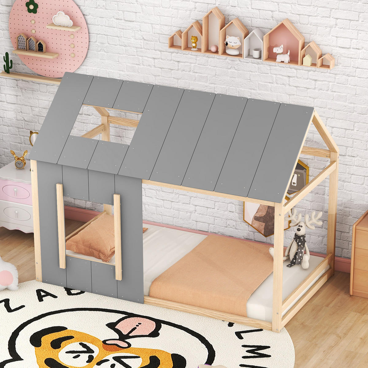 KINDERBETT 90/200 cm in Hausform mit Dach und Fenster aus Kiefern Holzwerkstoff und MDF, Natur/Grau - Grau, Holzwerkstoff (90/200cm) - Redom