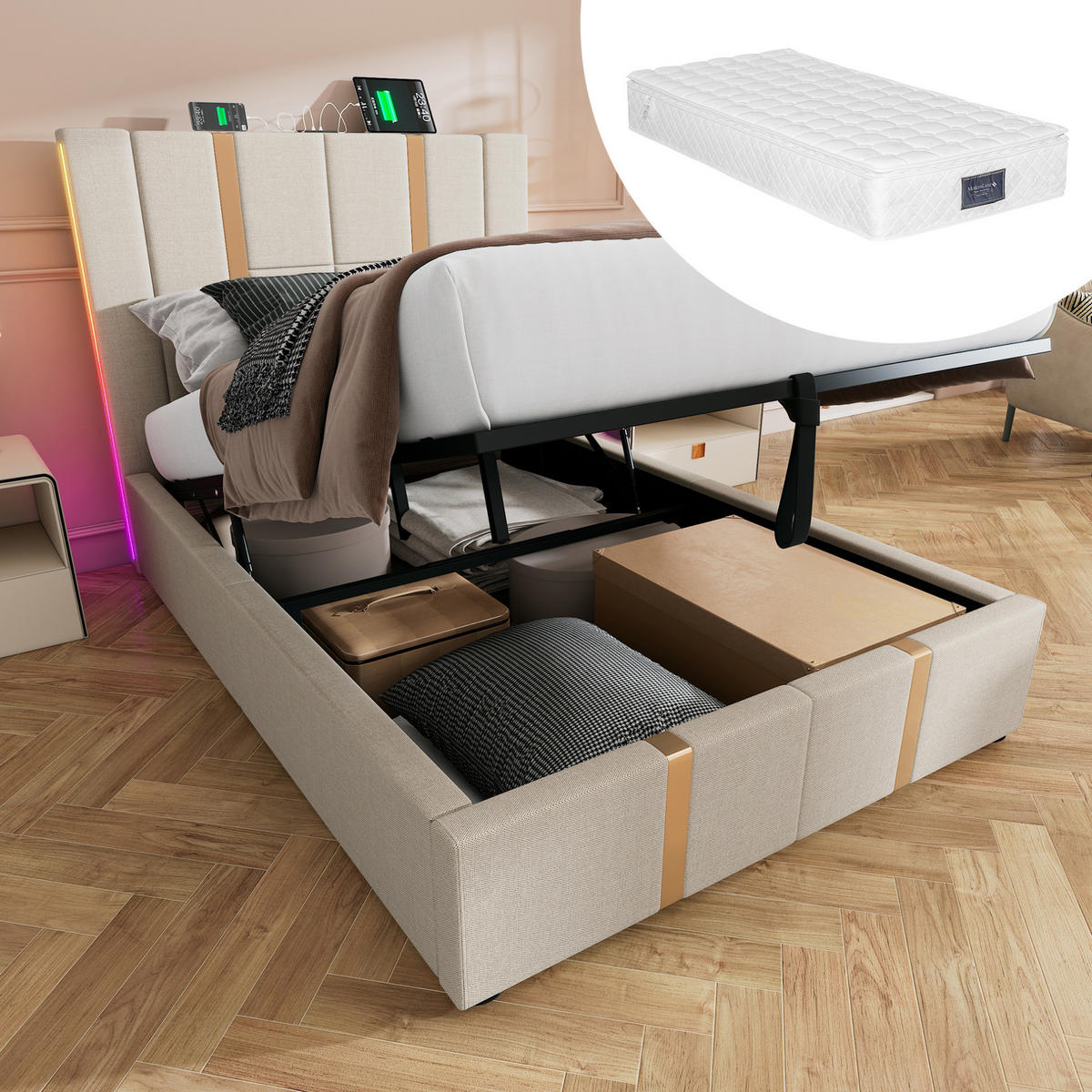 POLSTERBETT aus Leinen 90x200 cm Beige mit Bettkasten, LED-Beleuchtung, USB- und USB-C-Anschluss - Beige, Textil (90/200cm) - IVMEU