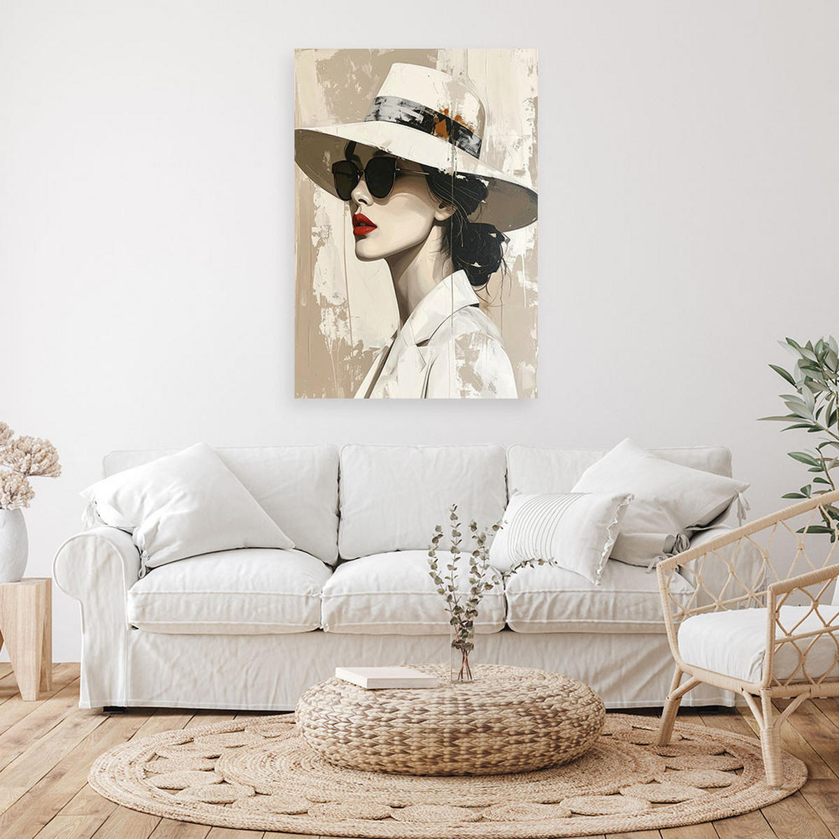 WANDBILD, Elegante Frau mit Hut in beiger Komposition - Weiß, Textil (80/120cm) - Feeby