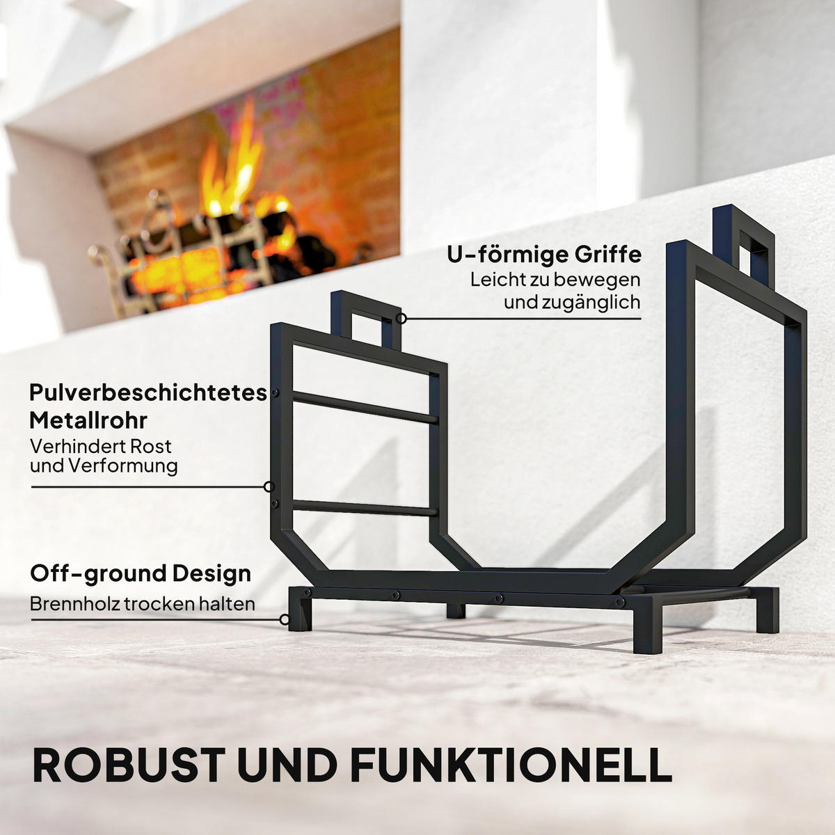 KAMINHOLZREGAL für innen 53 x 33 x 43 cm Brennholzregal mit Tragetasche Schwarz - Schwarz, Metall (33/43/53cm) - Outsunny