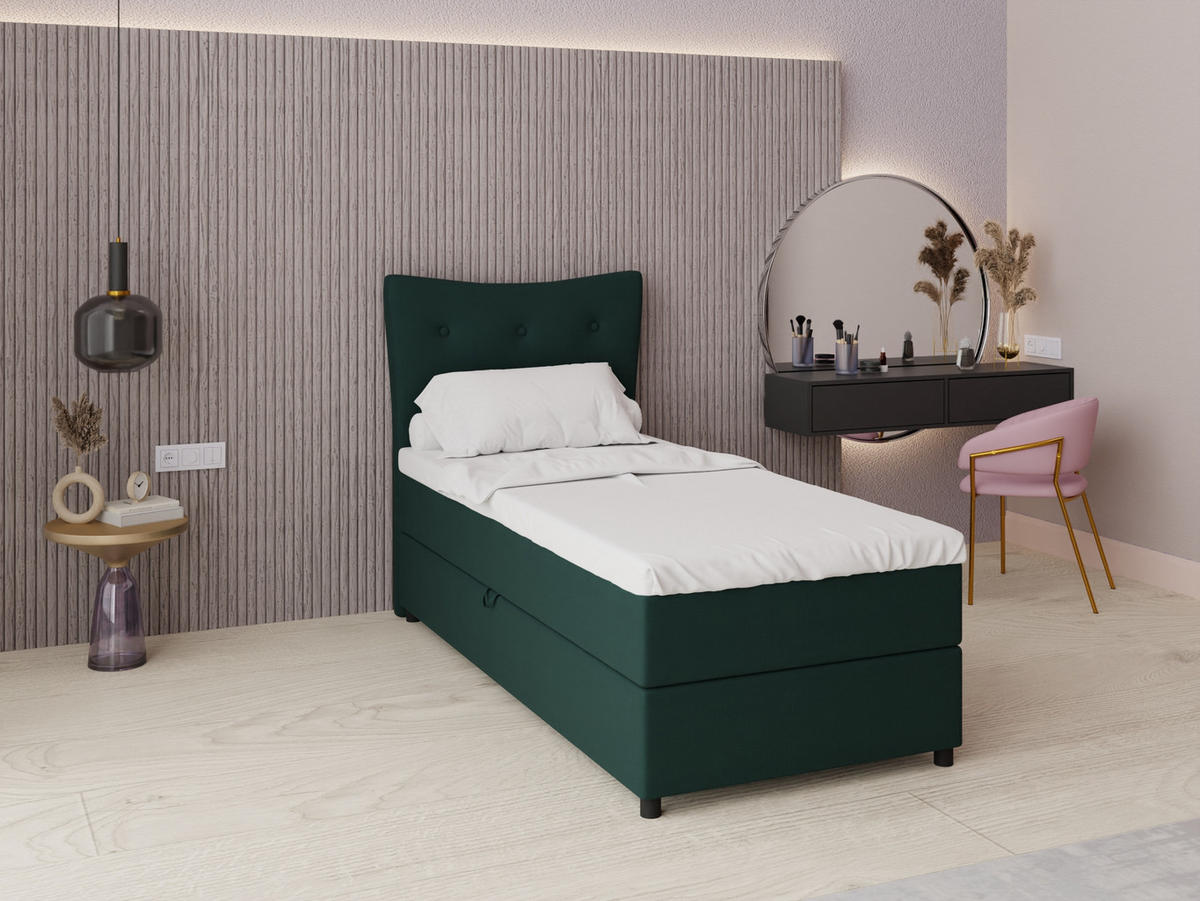 BOXBETT Nevada 90x200 cm Polsterbett mit hochwertiger Bonell-Matratze und Topper - grün - Grün, Holz (90/200cm) - Panda Möbel