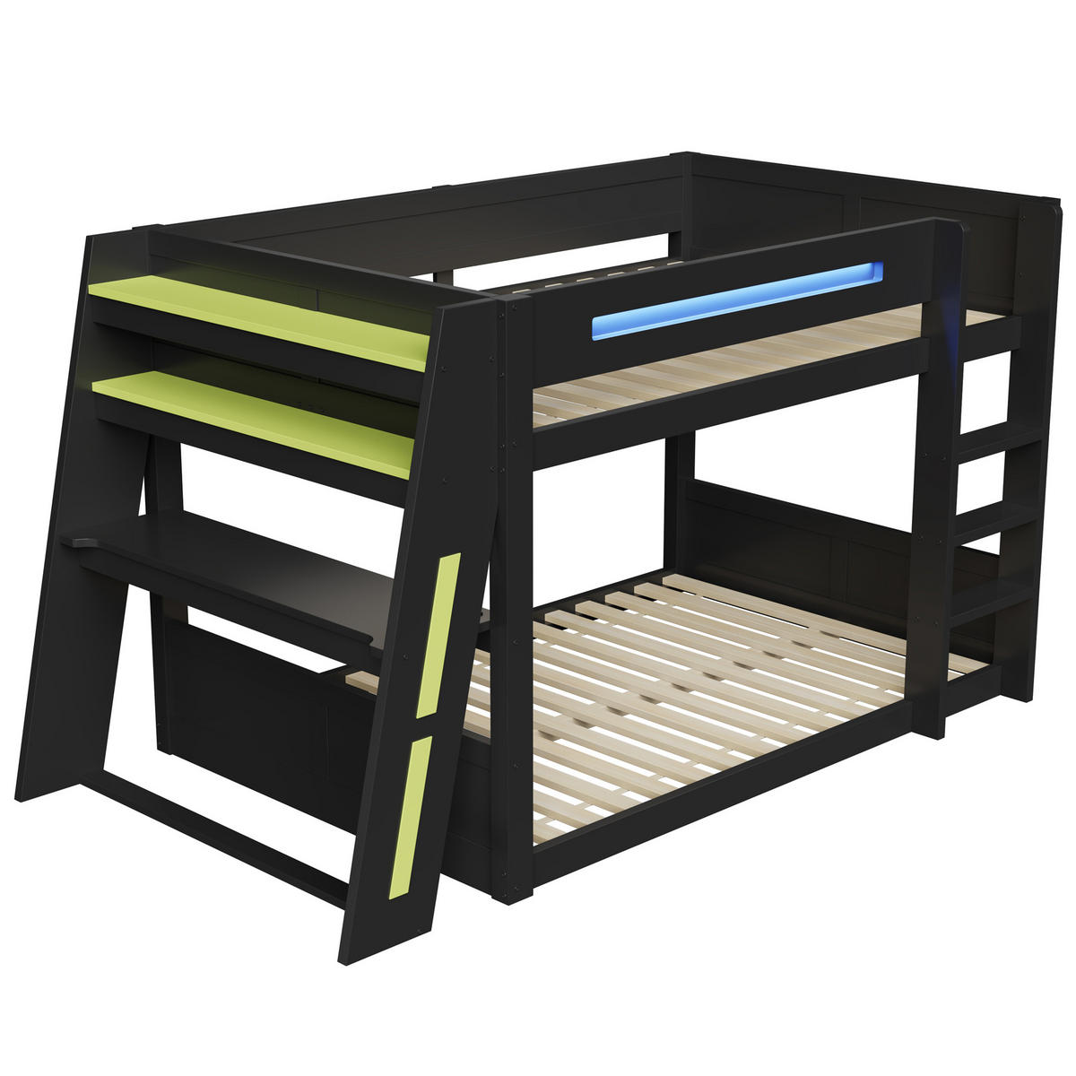 ETAGENBETT 140/200 cm in Schwarz aus MDF und Kiefer mit Schreibtisch, USB und LED - Schwarz/Grün, Holz/Holzwerkstoff (140/200cm) - WISHDOR