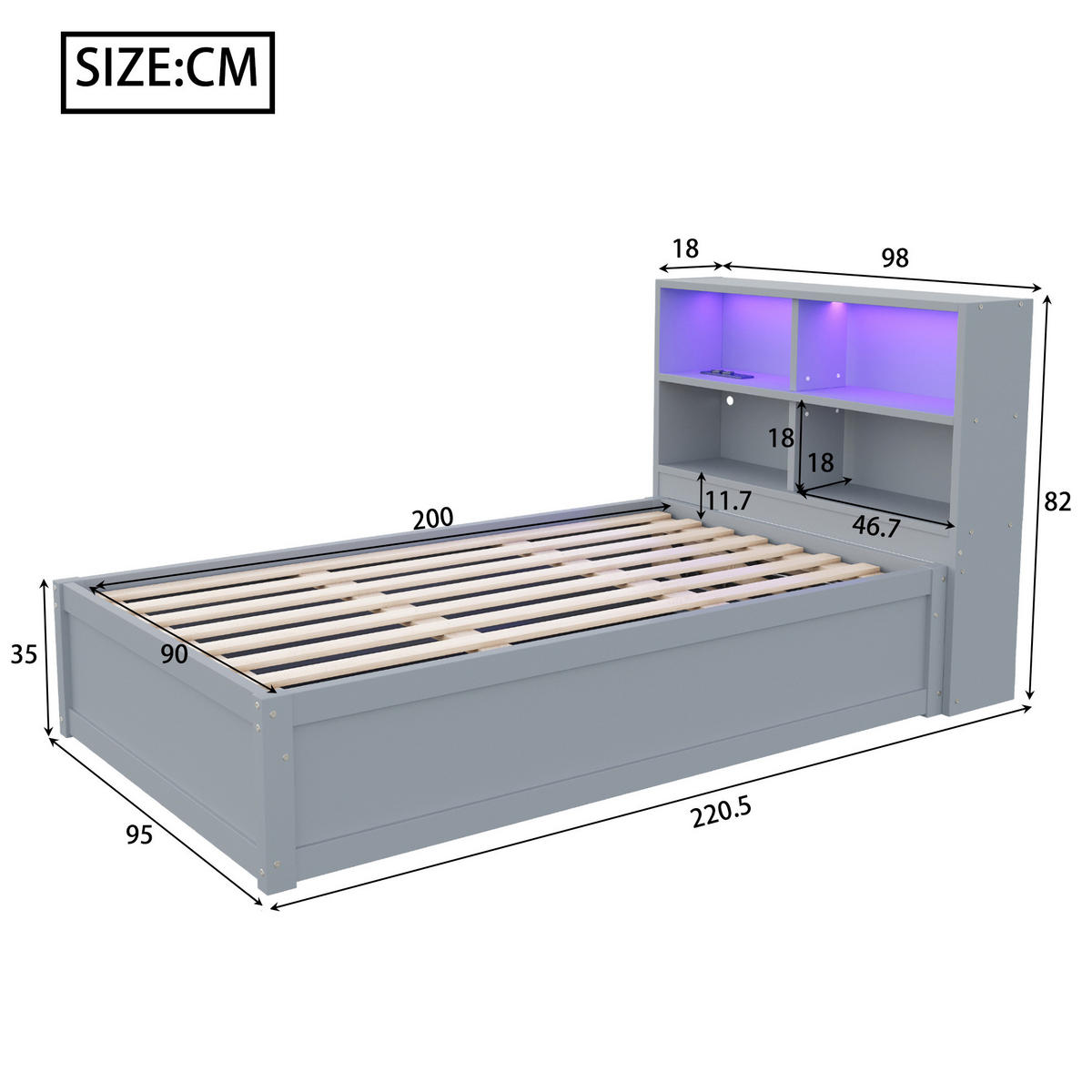 SCHLAFSOFA 90/200 cm aus Massivholz mit LED-Beleuchtung, Steckdose und 4 Ablagefächern, Grau - Grau, Holz (220.5/82/98cm) - Redom