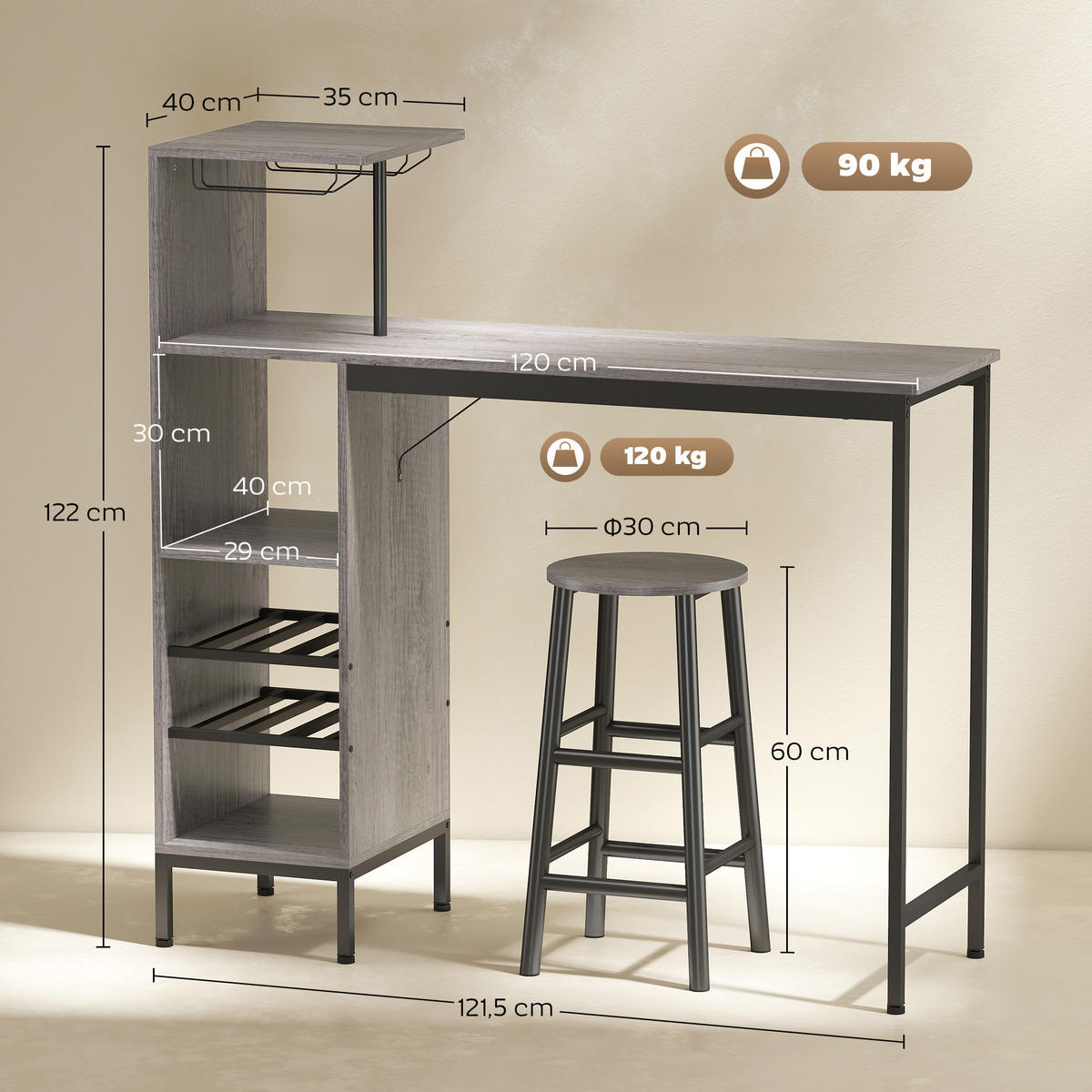 BARTISCH-SET DE-14784 mit Weinregal & Glashaltern für 2 Hocker Naturholz - Naturfarben, Holzwerkstoff (121.5/40/122cm) - ComfortXL