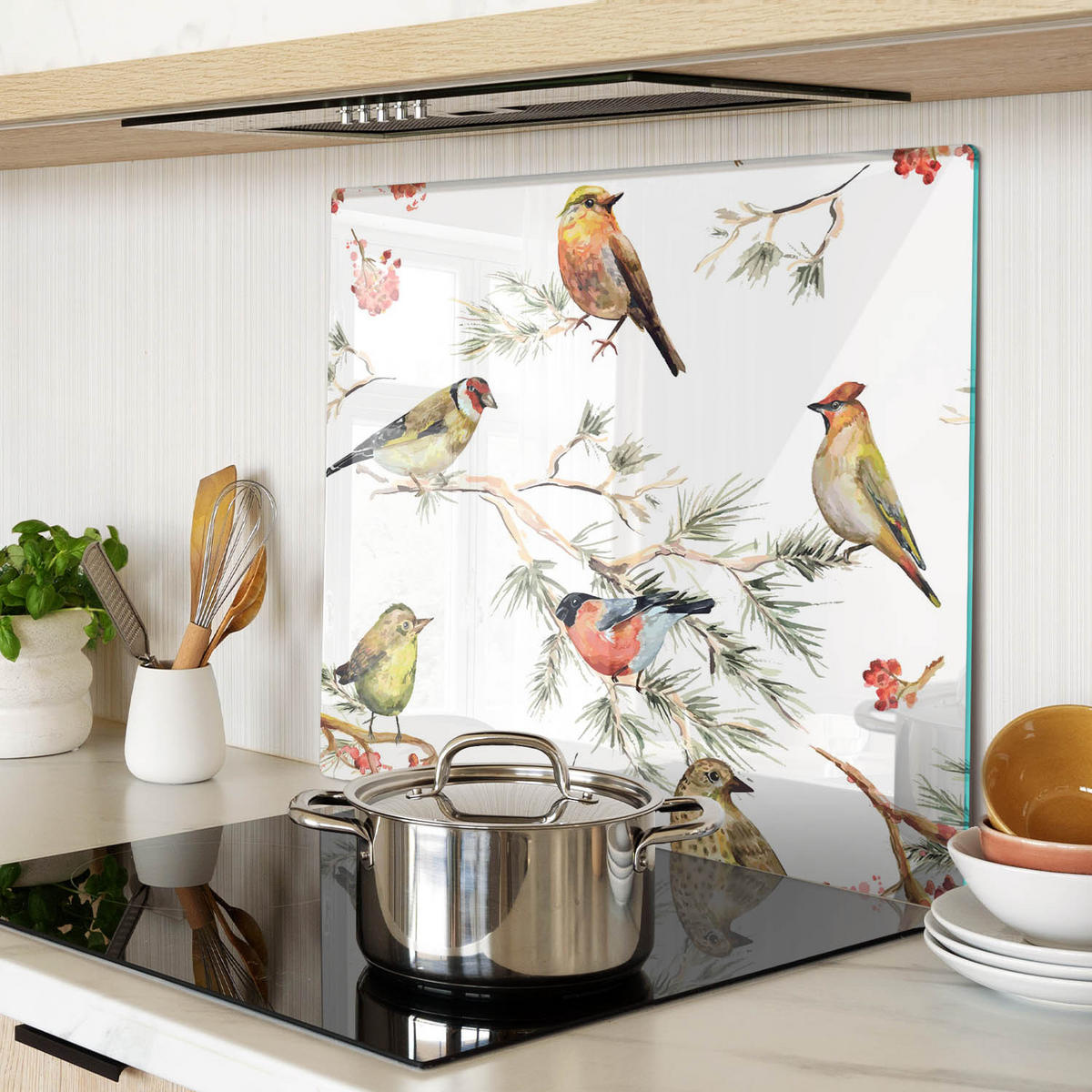 GLASPLATTE 60x52 cm Waldvögel Pflanzen - Hellgrau/Weiß, Glas (60/0.4/52cm) - TULUP